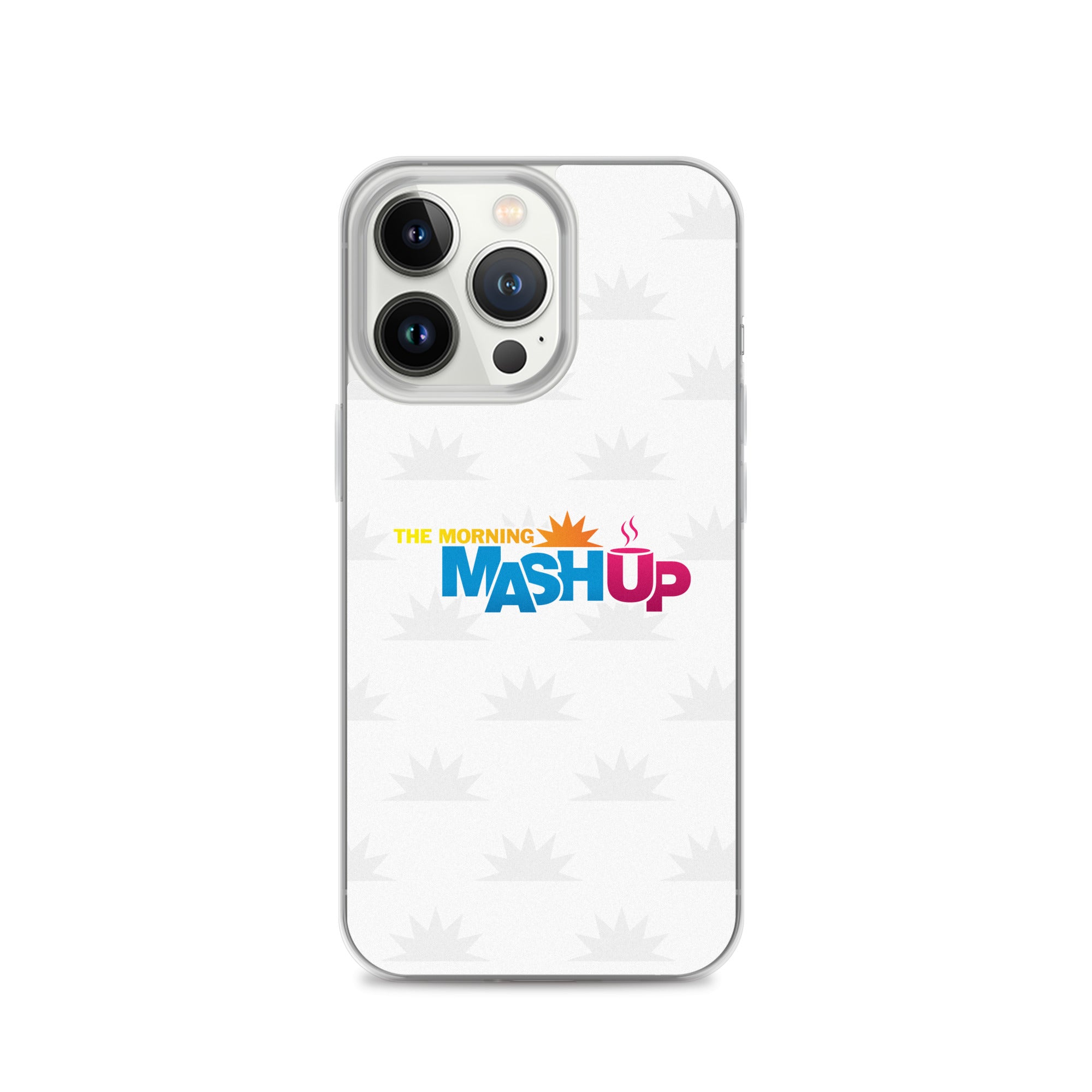 Image of a phone case featuring the words 'THE MORNING MASH UP' in yellow, blue, and pink text on a white background with a subtle sunburst pattern.
