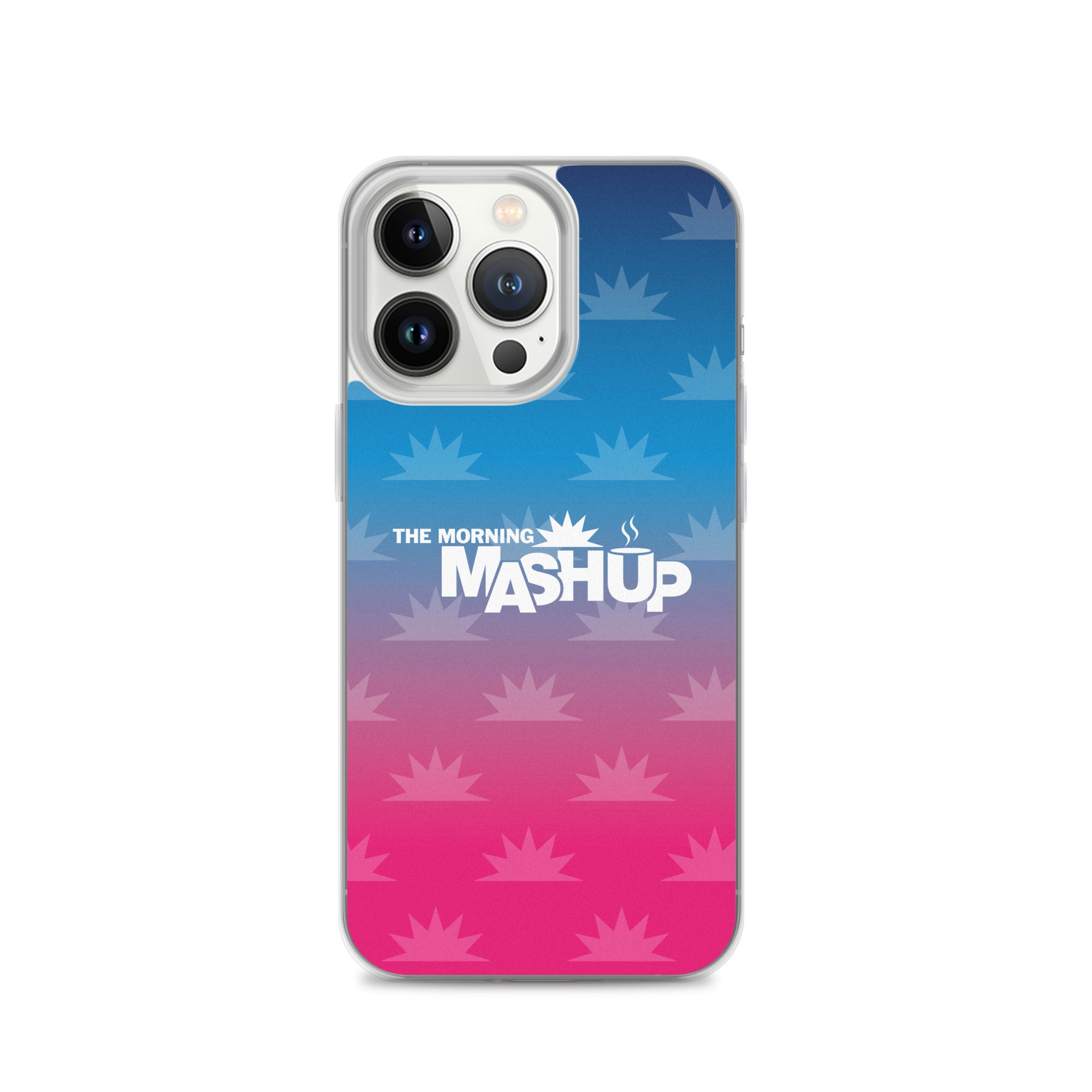 Clear phone case with a gradient background transitioning from blue to pink, featuring the text 'THE MORNING MASHUP' in bold white letters and starburst patterns in lighter shades.