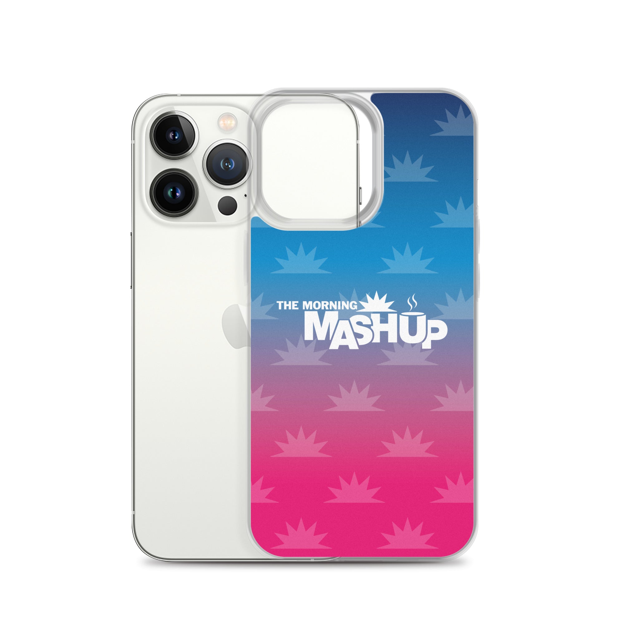 Clear phone case with a gradient background transitioning from blue to pink, featuring the text 'THE MORNING MASHUP' in bold white letters and starburst patterns in lighter shades.