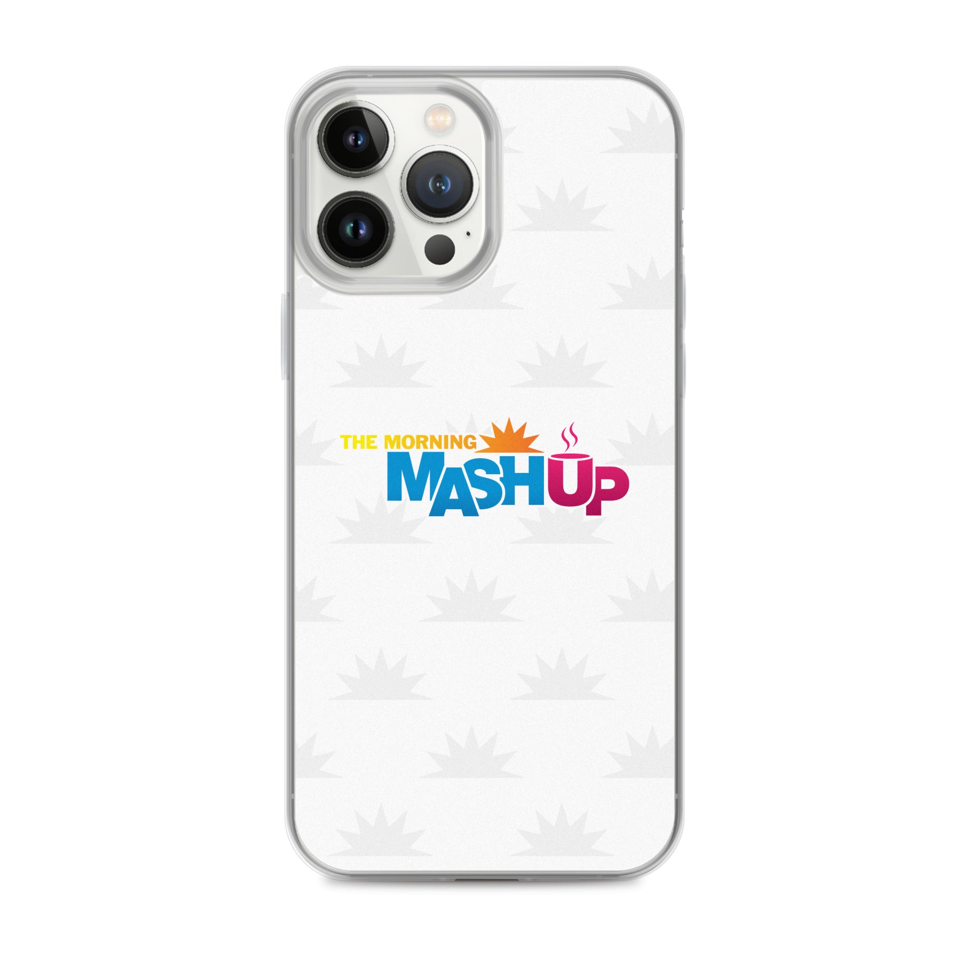 Image of a phone case featuring the words 'THE MORNING MASH UP' in yellow, blue, and pink text on a white background with a subtle sunburst pattern.