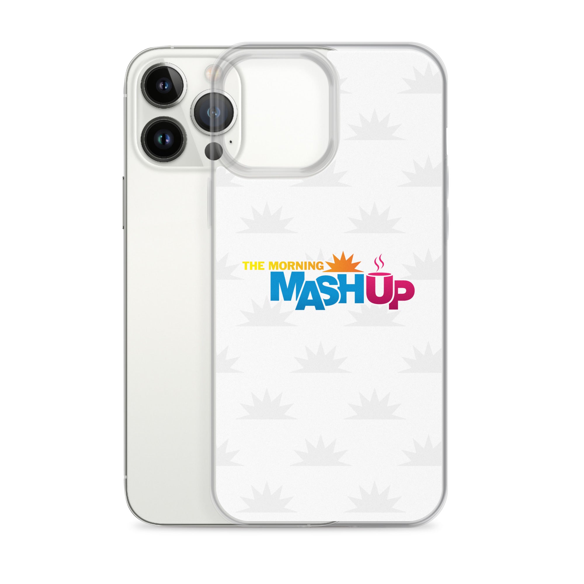 Image of a phone case featuring the words 'THE MORNING MASH UP' in yellow, blue, and pink text on a white background with a subtle sunburst pattern.