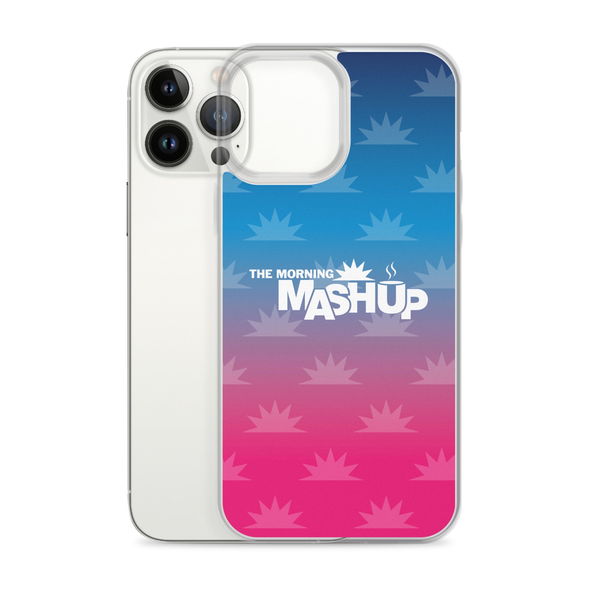 Clear phone case with a gradient background transitioning from blue to pink, featuring the text 'THE MORNING MASHUP' in bold white letters and starburst patterns in lighter shades.
