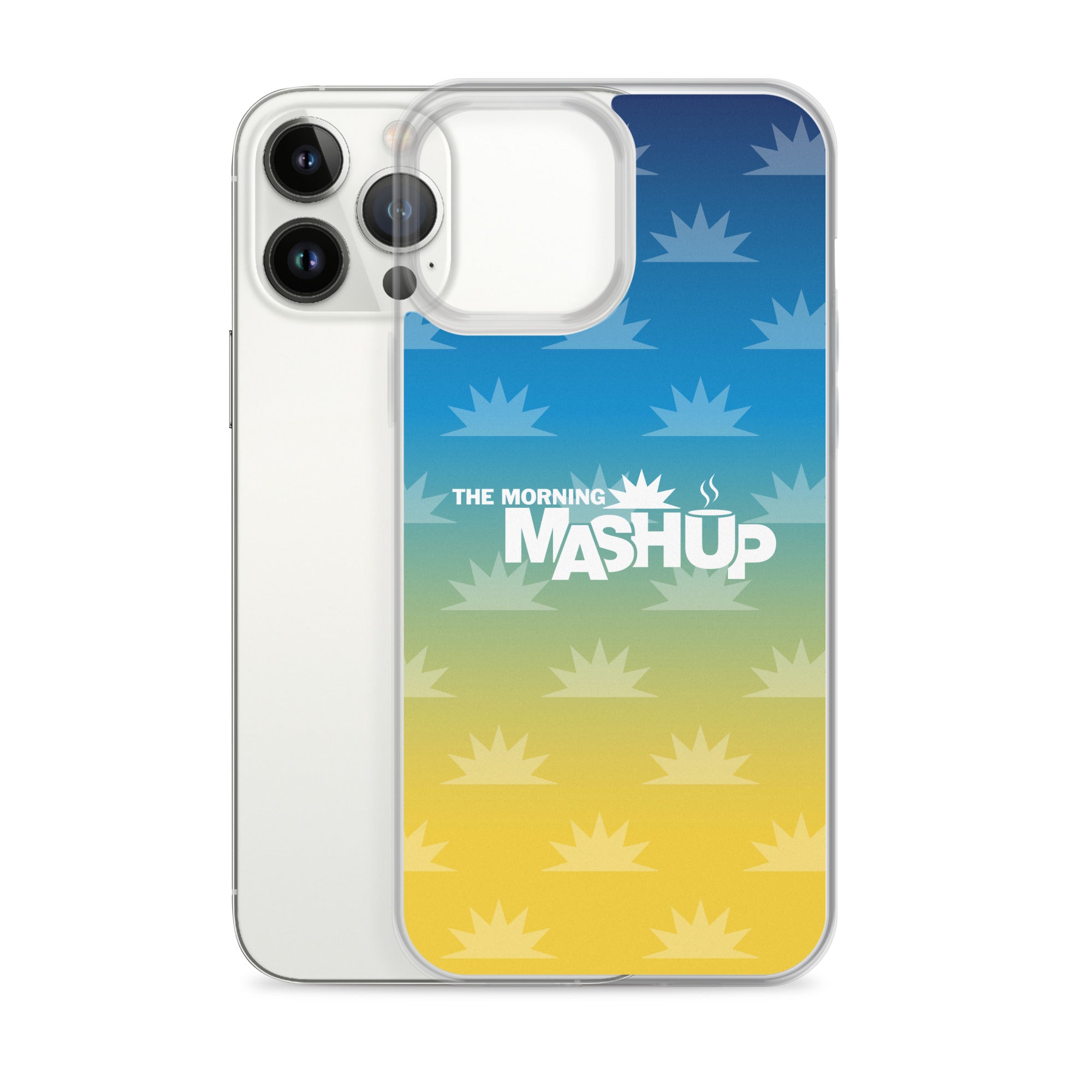 Phone case design featuring a gradient background with blue and yellow hues and repeated starburst patterns, with the text 'THE MORNING MASHUP' prominently displayed in white.