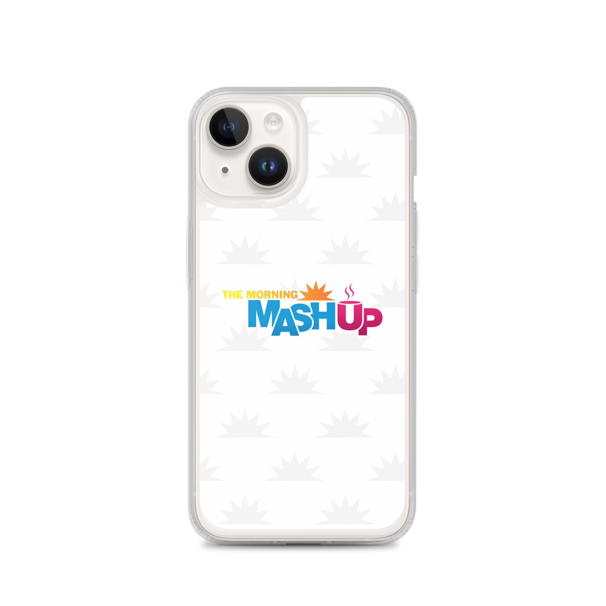 Image of a phone case featuring the words 'THE MORNING MASH UP' in yellow, blue, and pink text on a white background with a subtle sunburst pattern.