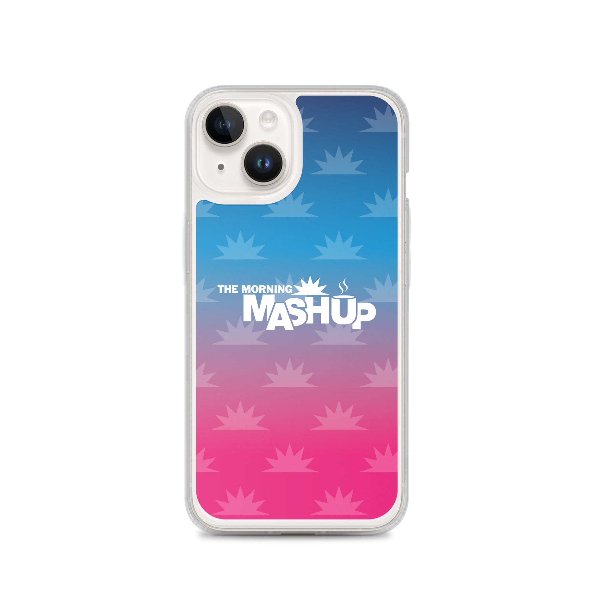 Clear phone case with a gradient background transitioning from blue to pink, featuring the text 'THE MORNING MASHUP' in bold white letters and starburst patterns in lighter shades.