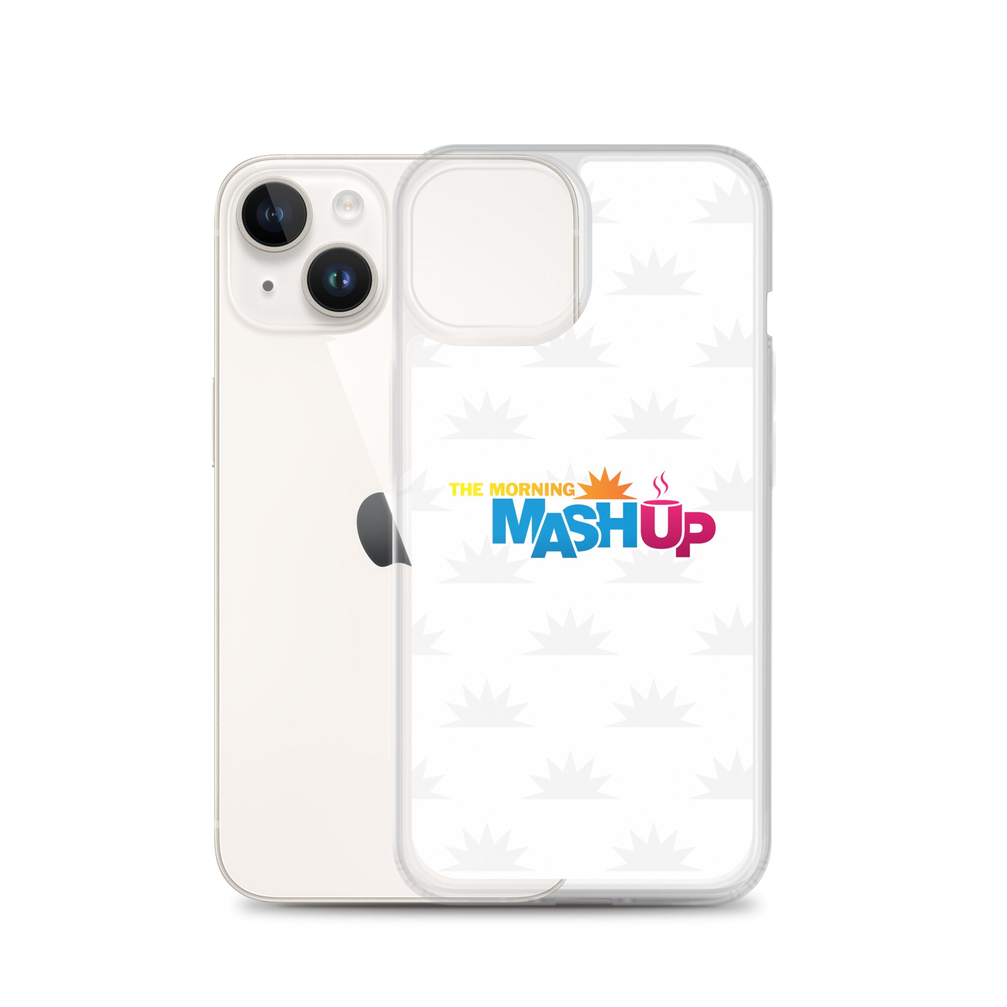 Image of a phone case featuring the words 'THE MORNING MASH UP' in yellow, blue, and pink text on a white background with a subtle sunburst pattern.