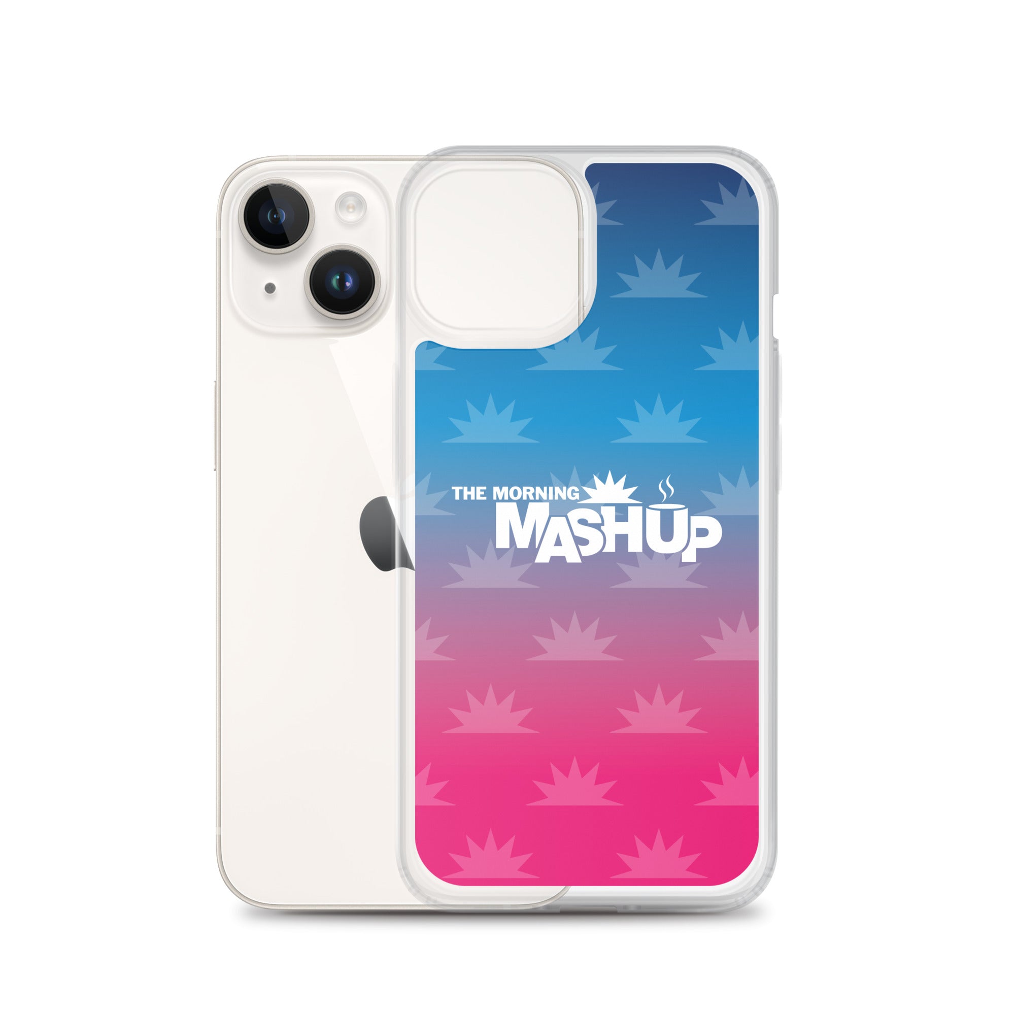 Clear phone case with a gradient background transitioning from blue to pink, featuring the text 'THE MORNING MASHUP' in bold white letters and starburst patterns in lighter shades.