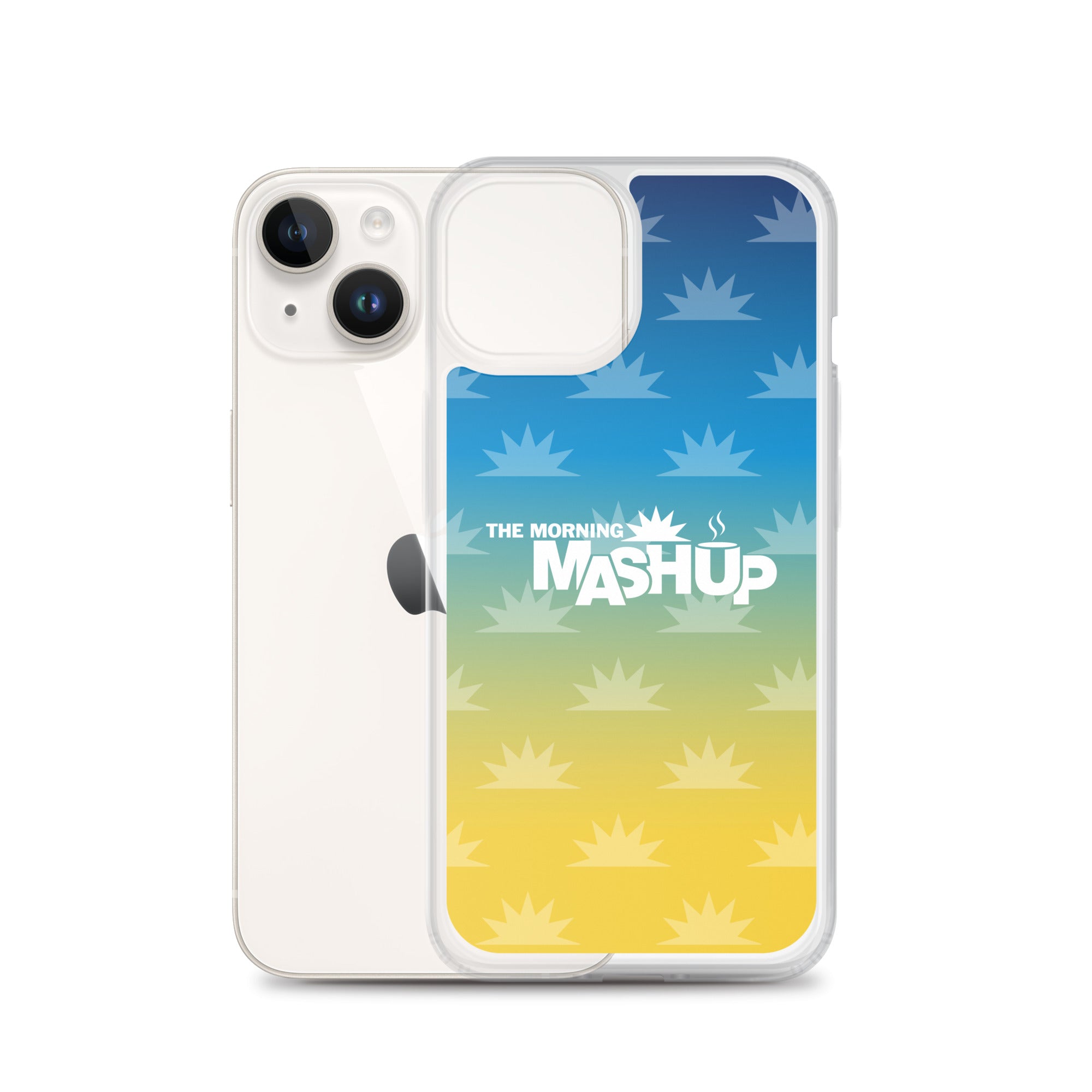 Phone case design featuring a gradient background with blue and yellow hues and repeated starburst patterns, with the text 'THE MORNING MASHUP' prominently displayed in white.