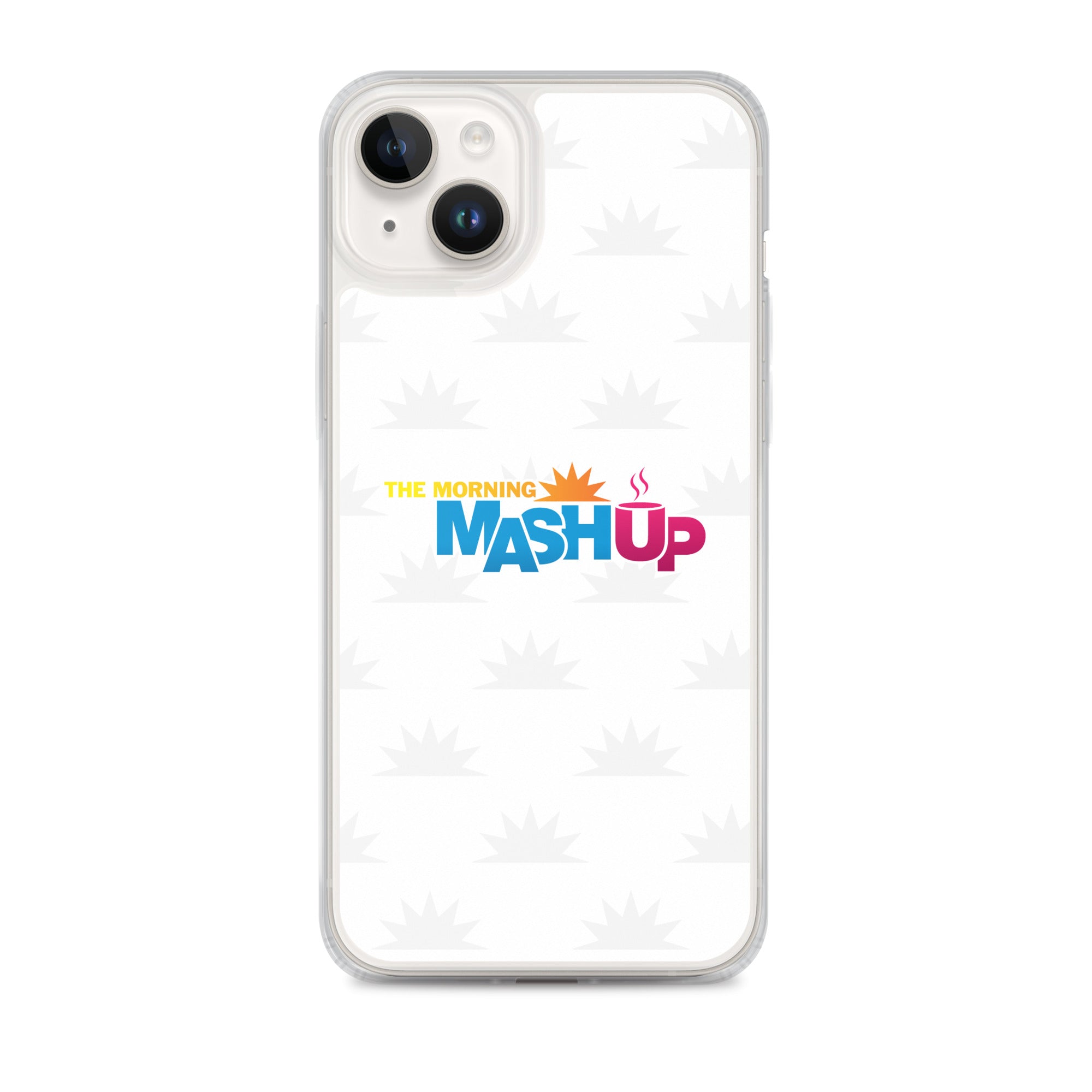 Image of a phone case featuring the words 'THE MORNING MASH UP' in yellow, blue, and pink text on a white background with a subtle sunburst pattern.
