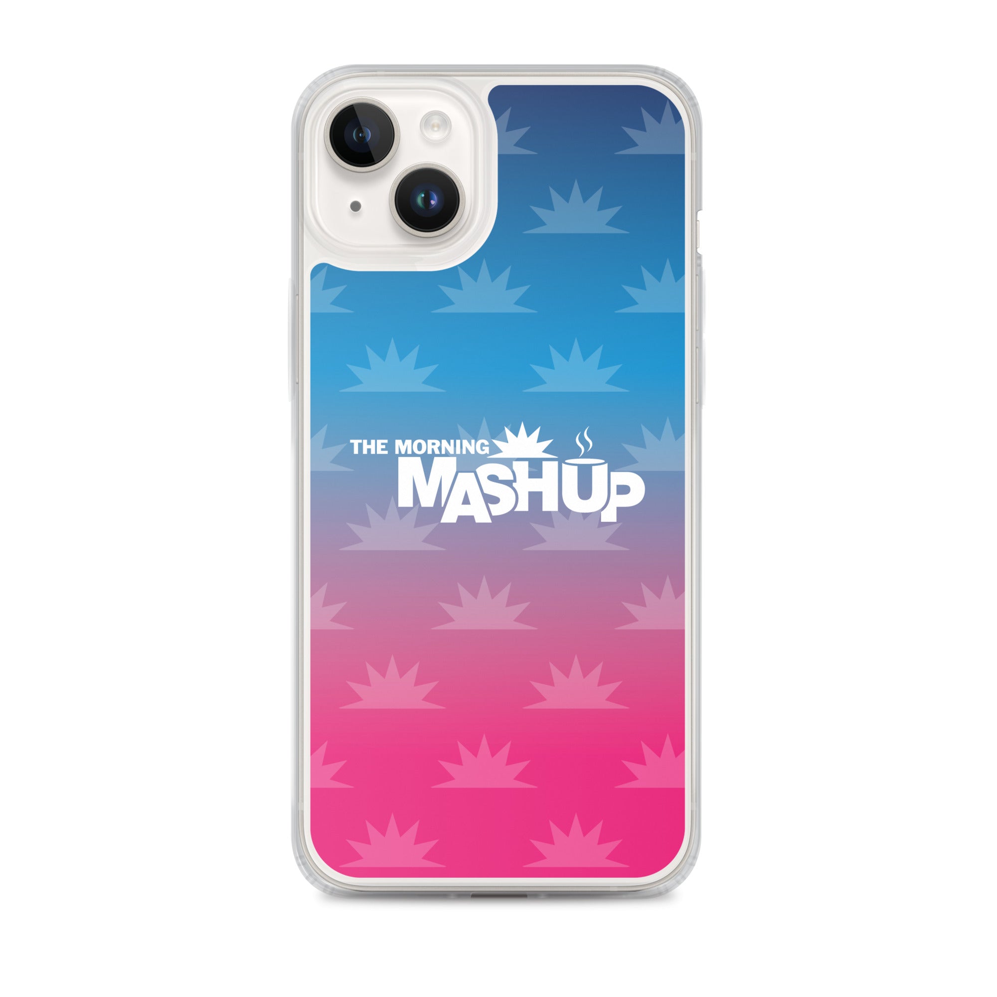 Clear phone case with a gradient background transitioning from blue to pink, featuring the text 'THE MORNING MASHUP' in bold white letters and starburst patterns in lighter shades.