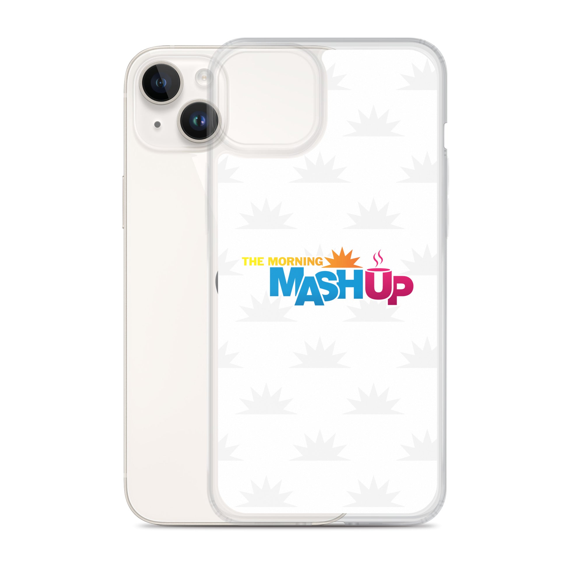 Image of a phone case featuring the words 'THE MORNING MASH UP' in yellow, blue, and pink text on a white background with a subtle sunburst pattern.