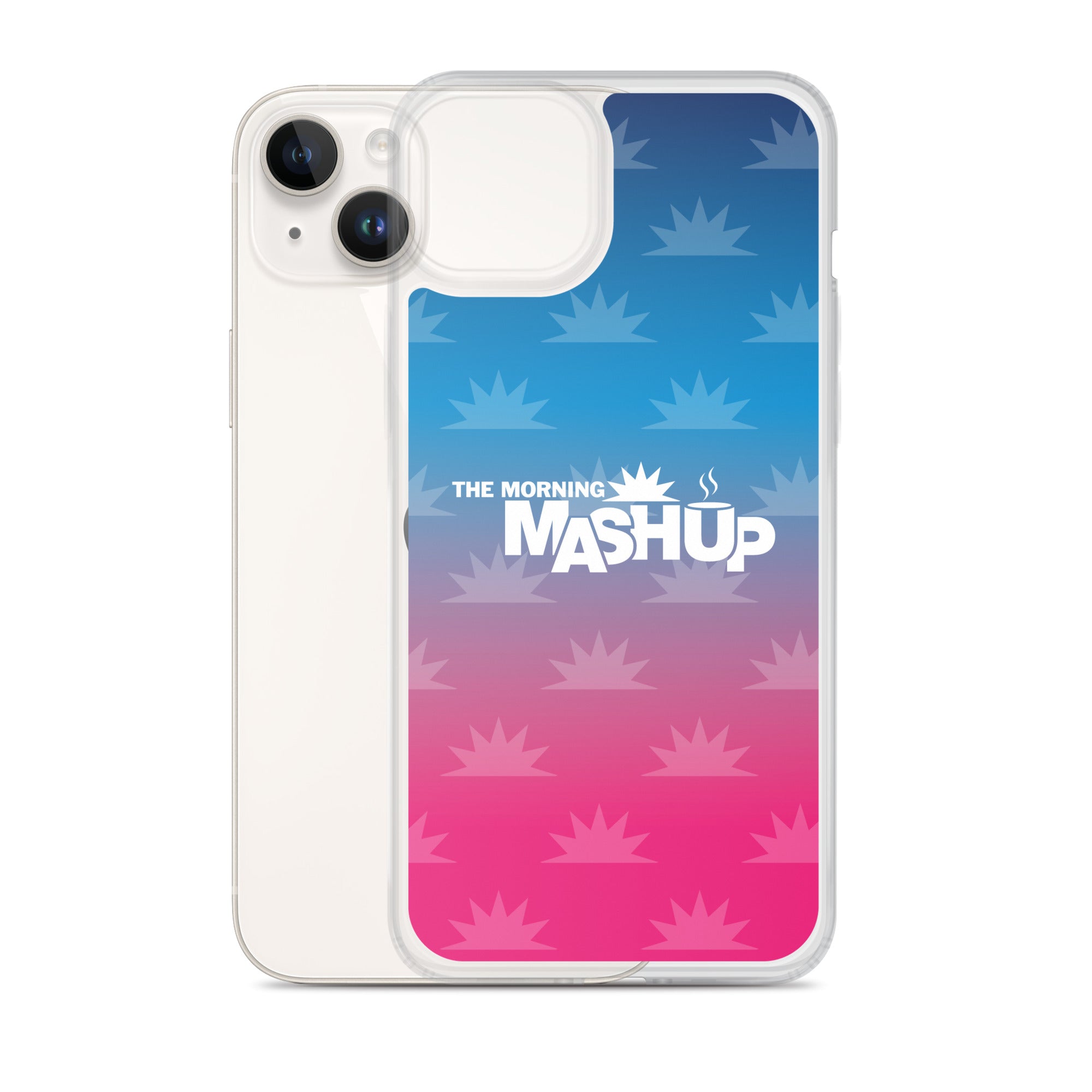 Clear phone case with a gradient background transitioning from blue to pink, featuring the text 'THE MORNING MASHUP' in bold white letters and starburst patterns in lighter shades.
