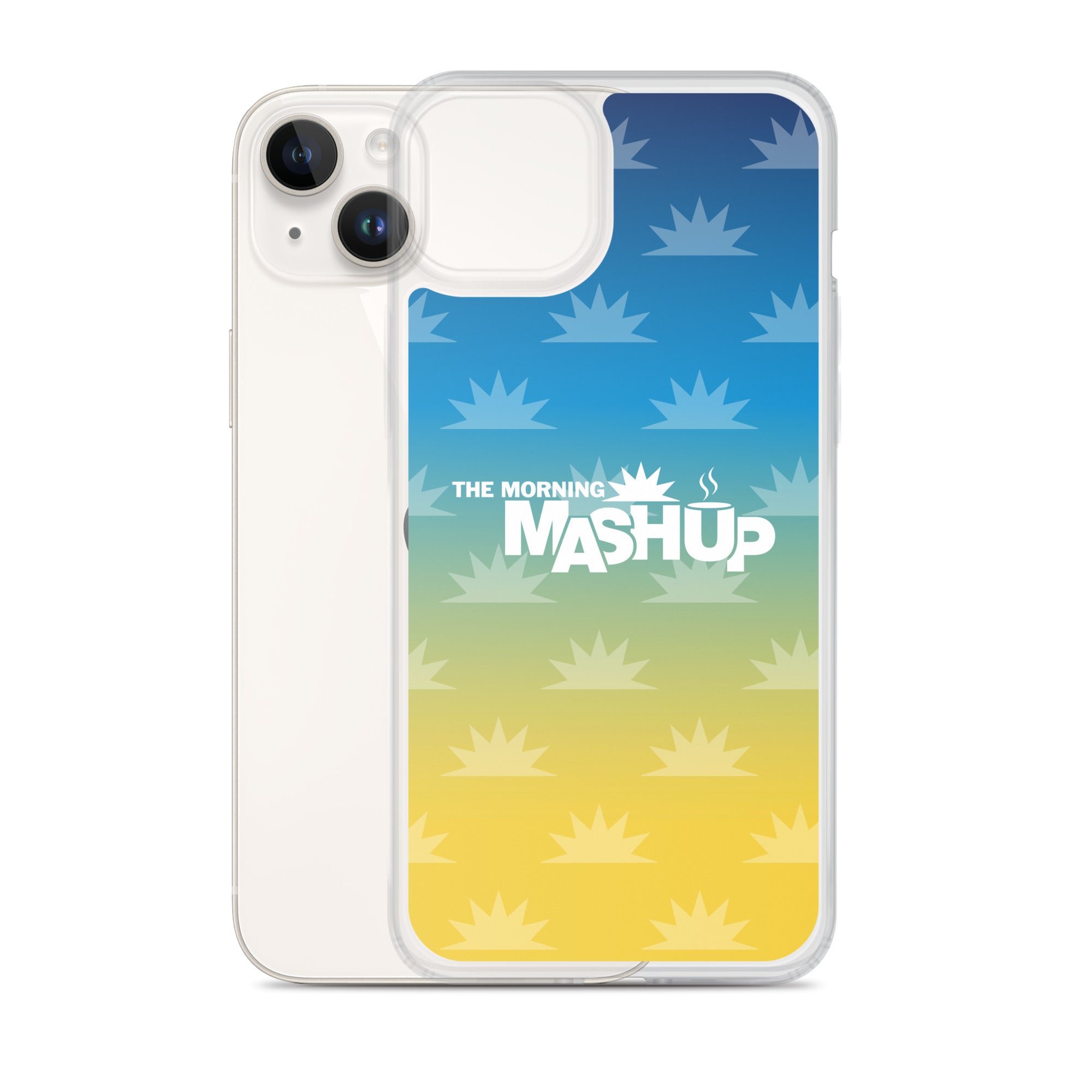 Phone case design featuring a gradient background with blue and yellow hues and repeated starburst patterns, with the text 'THE MORNING MASHUP' prominently displayed in white.