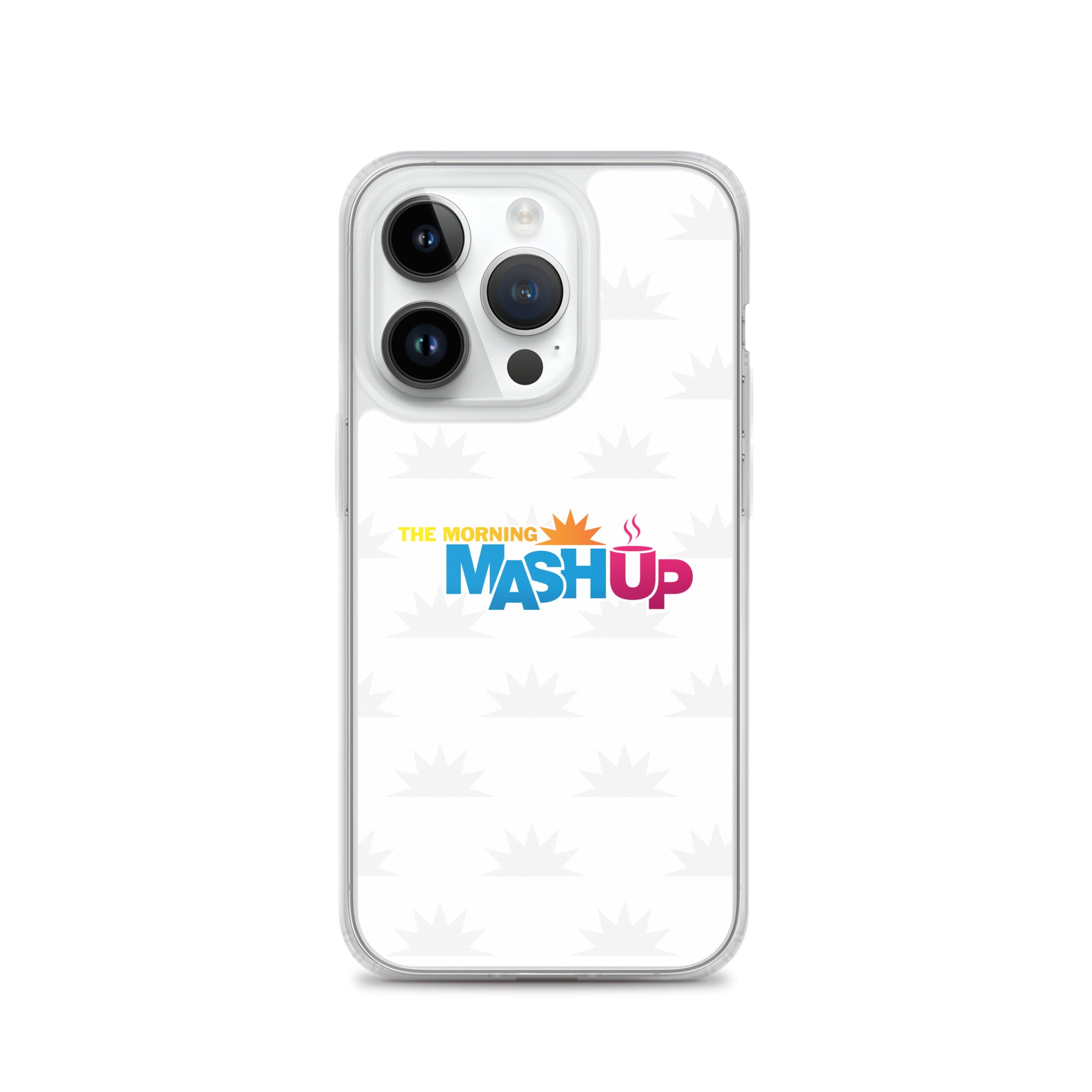Image of a phone case featuring the words 'THE MORNING MASH UP' in yellow, blue, and pink text on a white background with a subtle sunburst pattern.