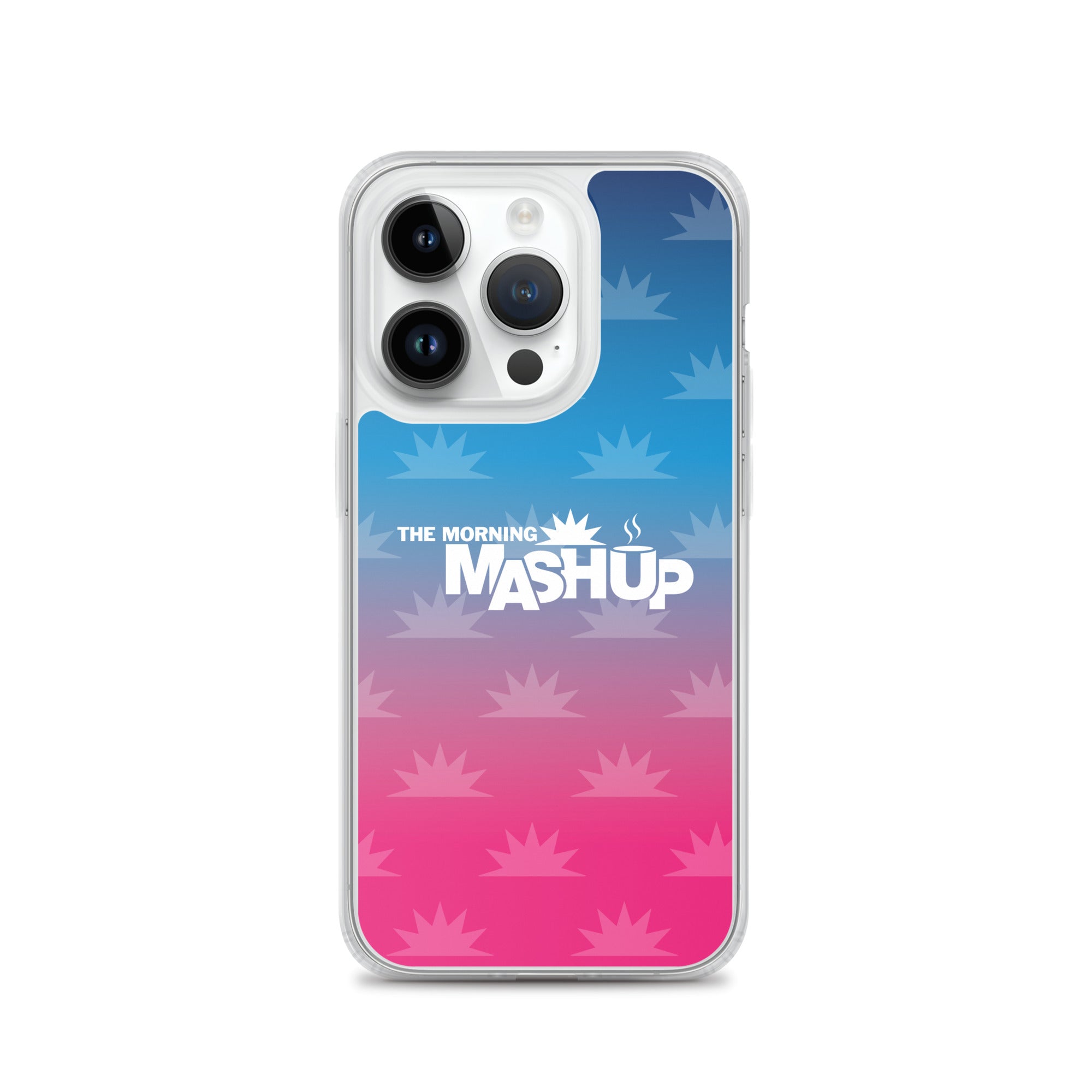 Clear phone case with a gradient background transitioning from blue to pink, featuring the text 'THE MORNING MASHUP' in bold white letters and starburst patterns in lighter shades.