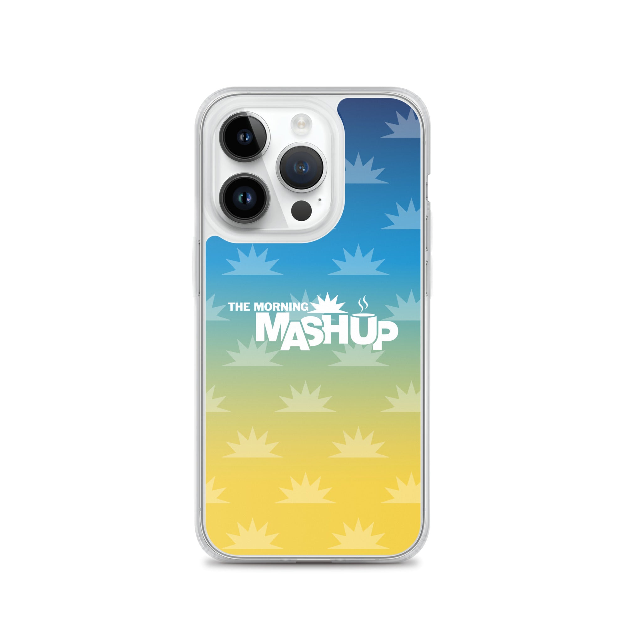 Phone case design featuring a gradient background with blue and yellow hues and repeated starburst patterns, with the text 'THE MORNING MASHUP' prominently displayed in white.
