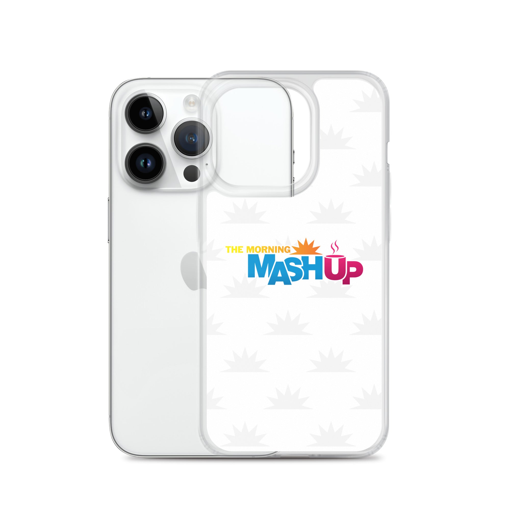 Image of a phone case featuring the words 'THE MORNING MASH UP' in yellow, blue, and pink text on a white background with a subtle sunburst pattern.