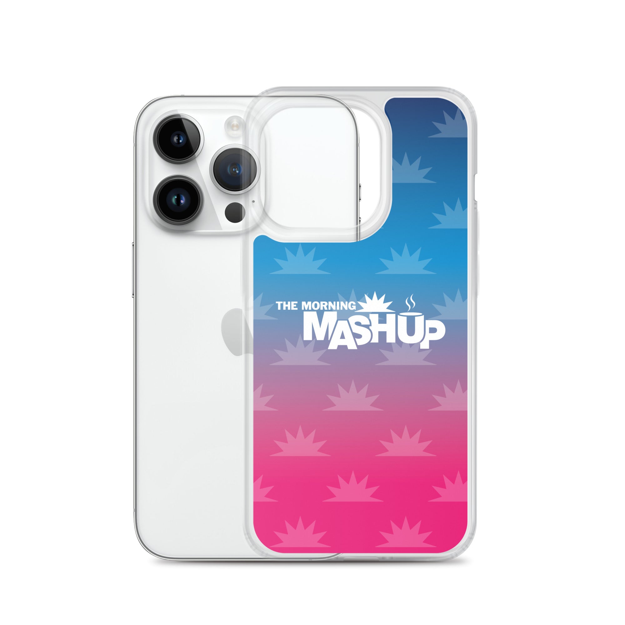 Clear phone case with a gradient background transitioning from blue to pink, featuring the text 'THE MORNING MASHUP' in bold white letters and starburst patterns in lighter shades.