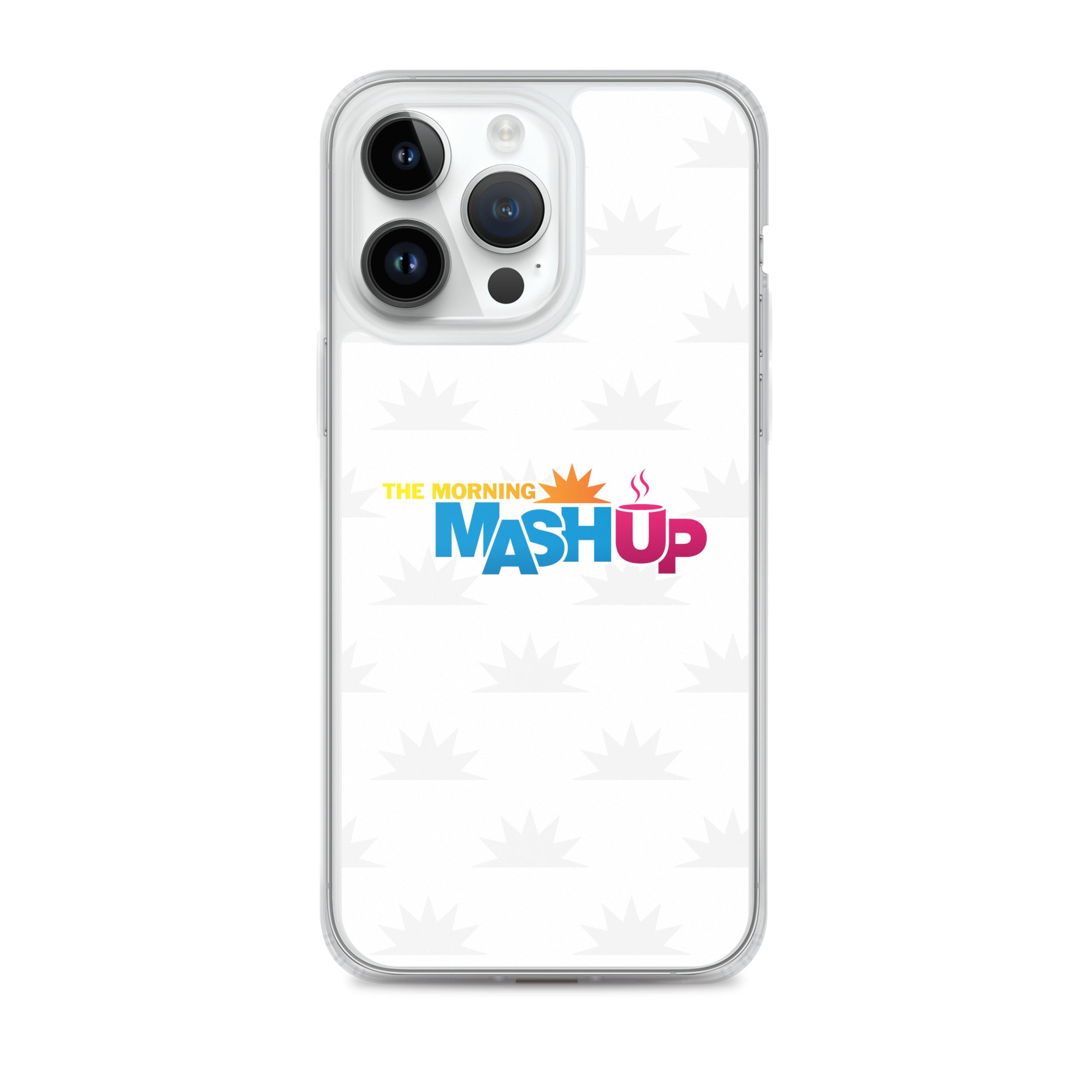 Image of a phone case featuring the words 'THE MORNING MASH UP' in yellow, blue, and pink text on a white background with a subtle sunburst pattern.