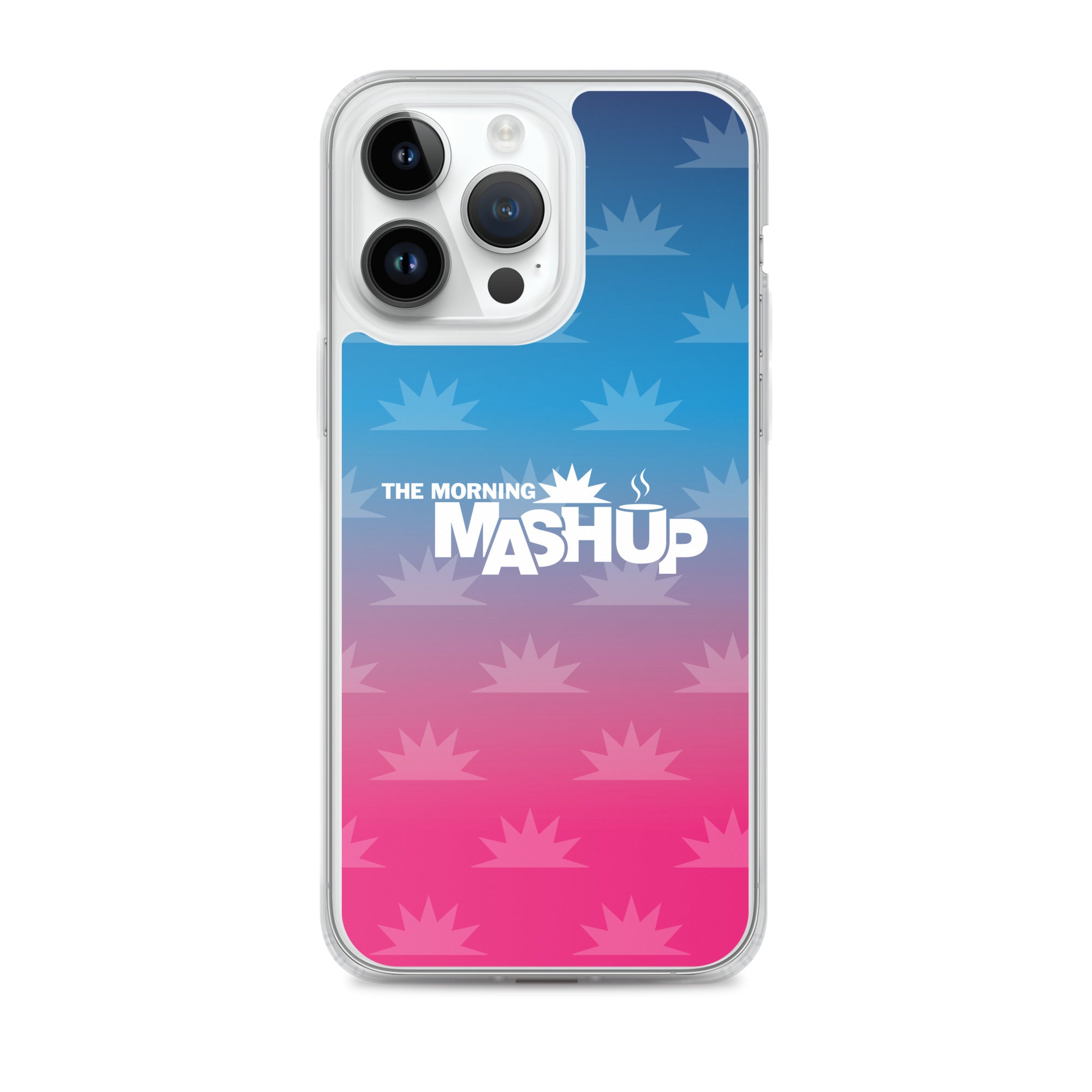 Clear phone case with a gradient background transitioning from blue to pink, featuring the text 'THE MORNING MASHUP' in bold white letters and starburst patterns in lighter shades.