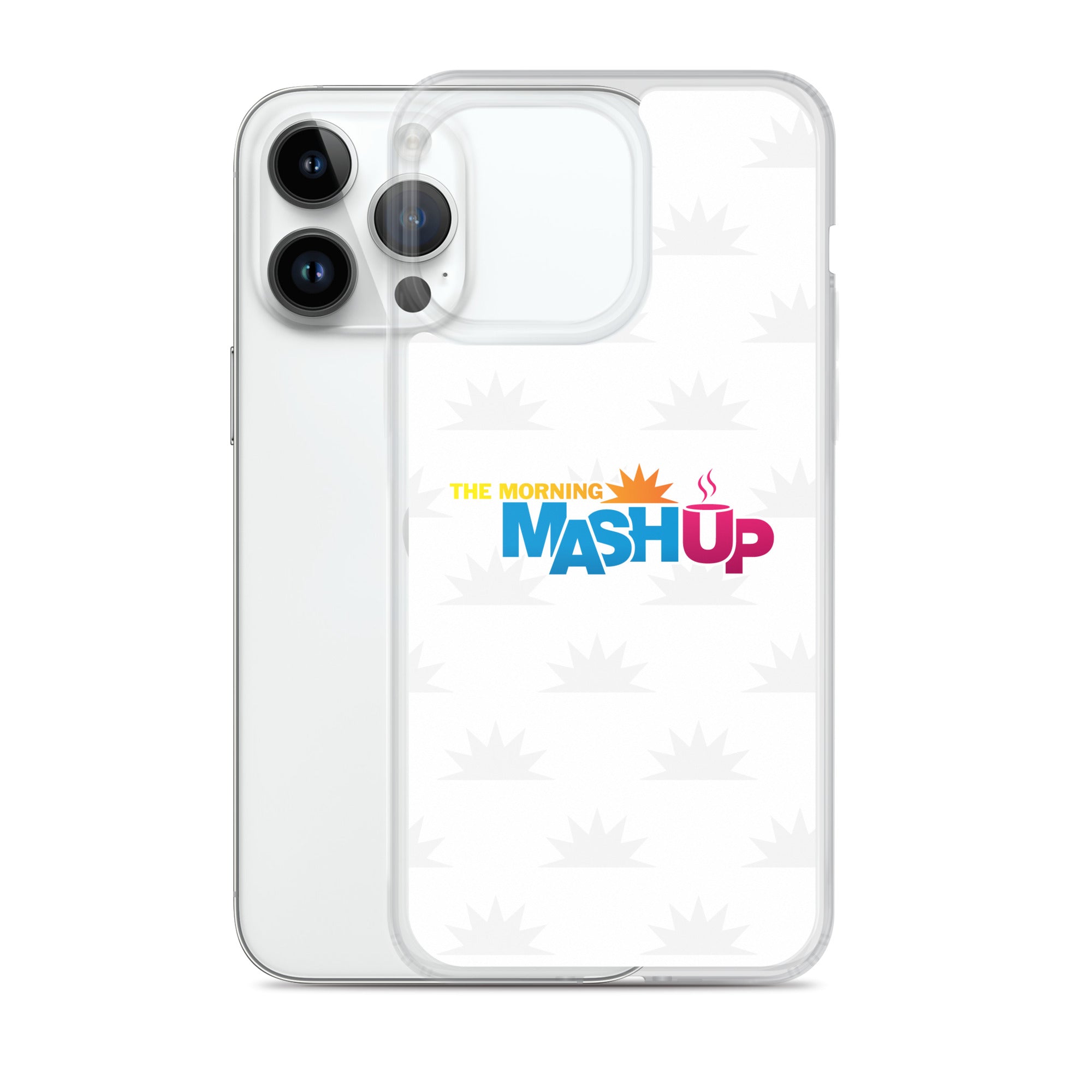 Image of a phone case featuring the words 'THE MORNING MASH UP' in yellow, blue, and pink text on a white background with a subtle sunburst pattern.
