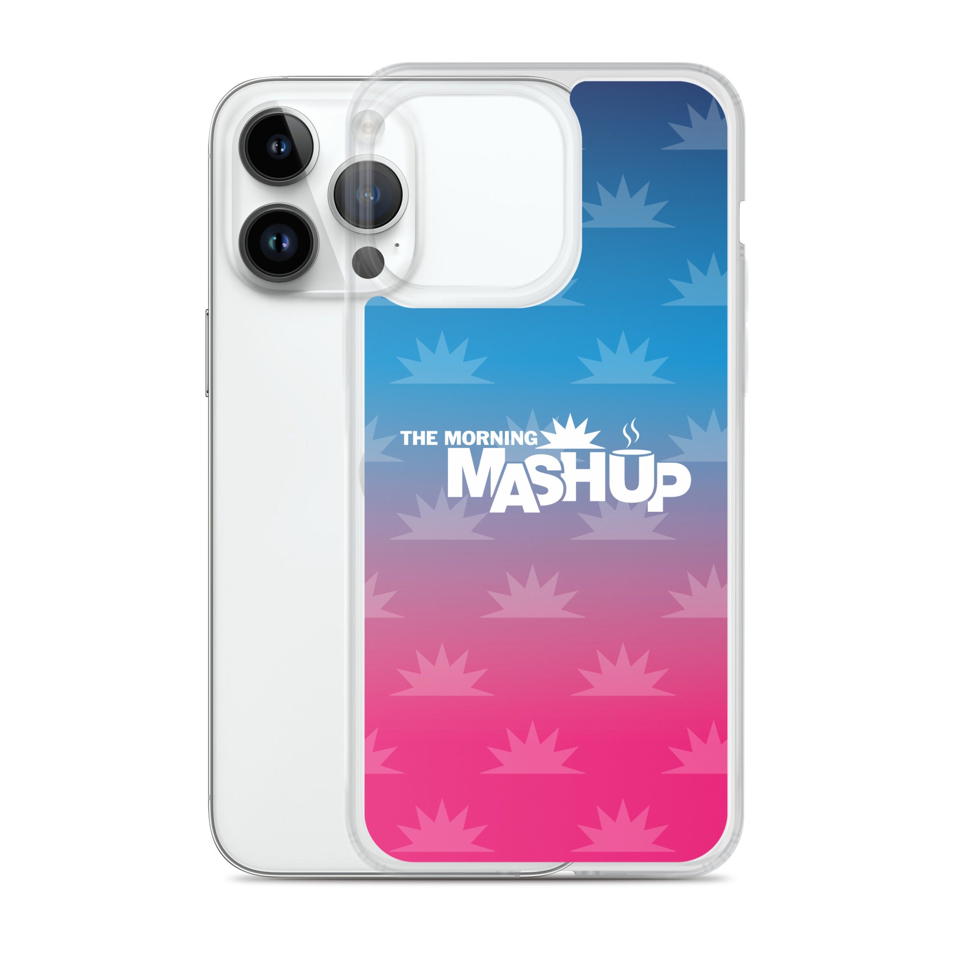 Clear phone case with a gradient background transitioning from blue to pink, featuring the text 'THE MORNING MASHUP' in bold white letters and starburst patterns in lighter shades.