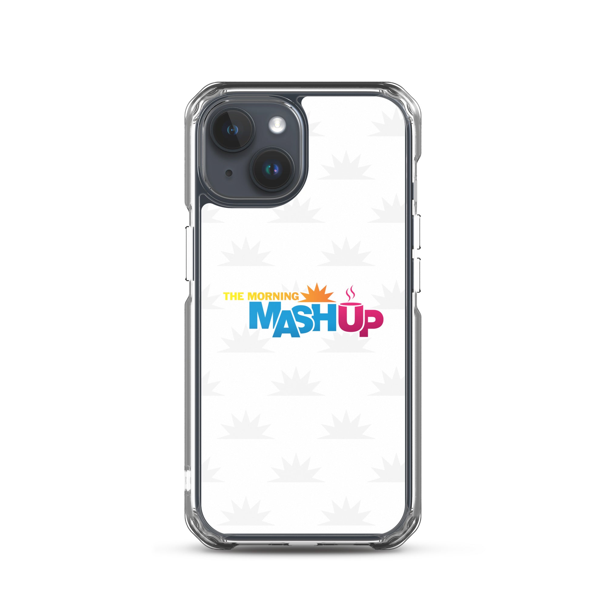 Image of a phone case featuring the words 'THE MORNING MASH UP' in yellow, blue, and pink text on a white background with a subtle sunburst pattern.