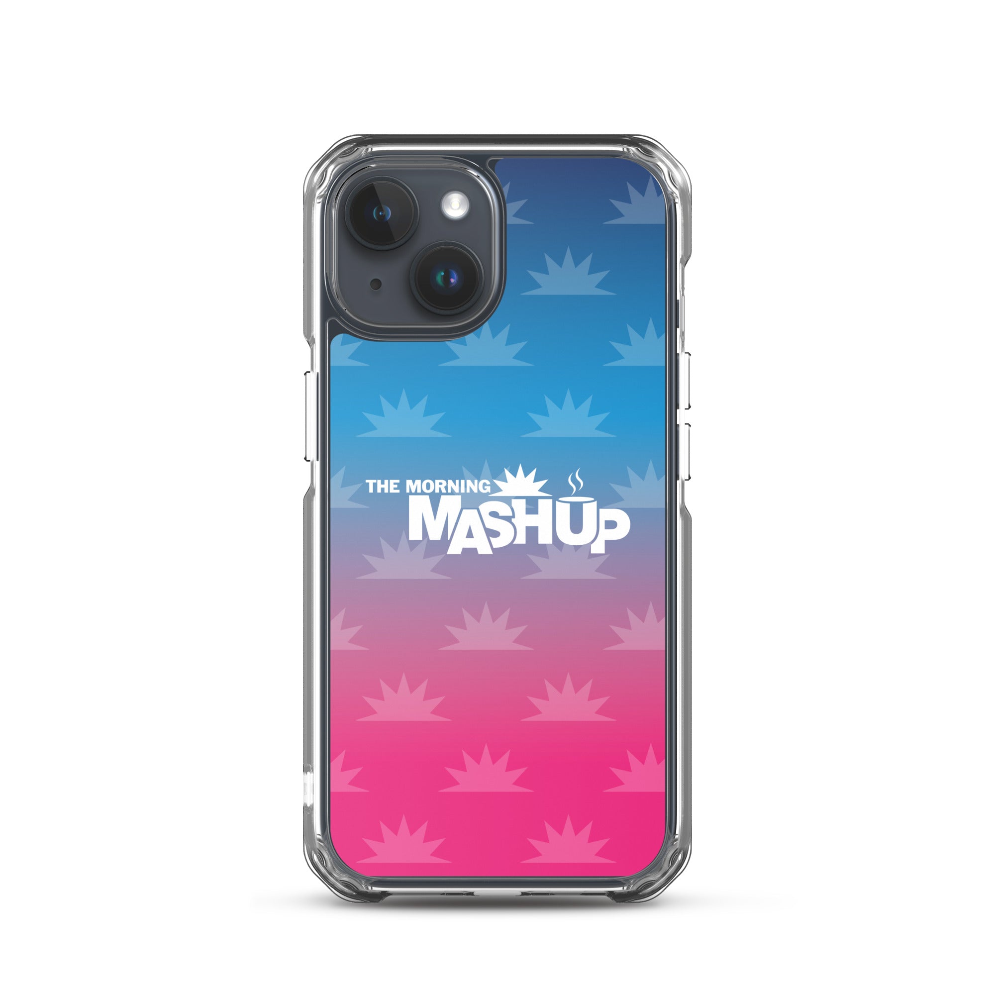 Clear phone case with a gradient background transitioning from blue to pink, featuring the text 'THE MORNING MASHUP' in bold white letters and starburst patterns in lighter shades.