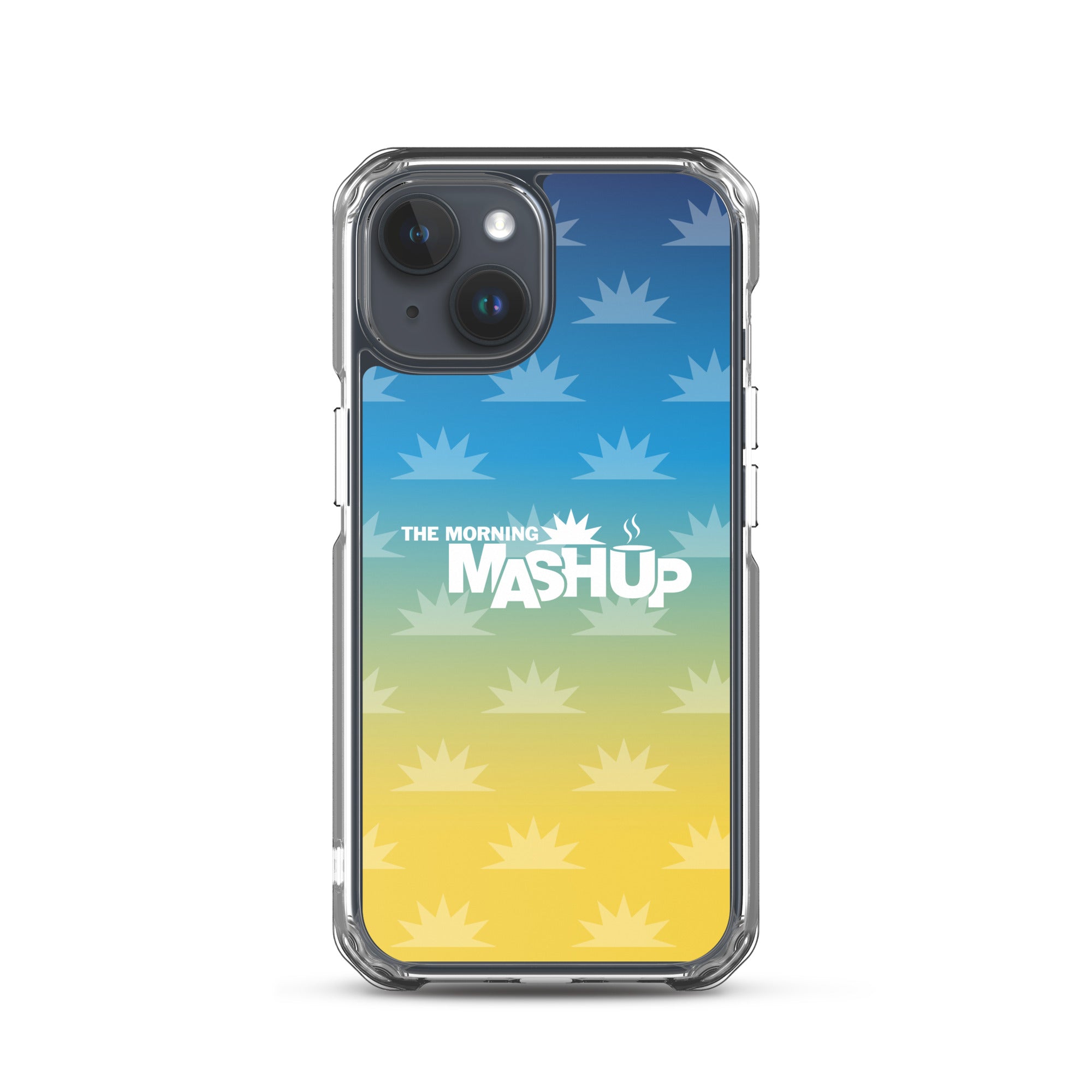 Phone case design featuring a gradient background with blue and yellow hues and repeated starburst patterns, with the text 'THE MORNING MASHUP' prominently displayed in white.