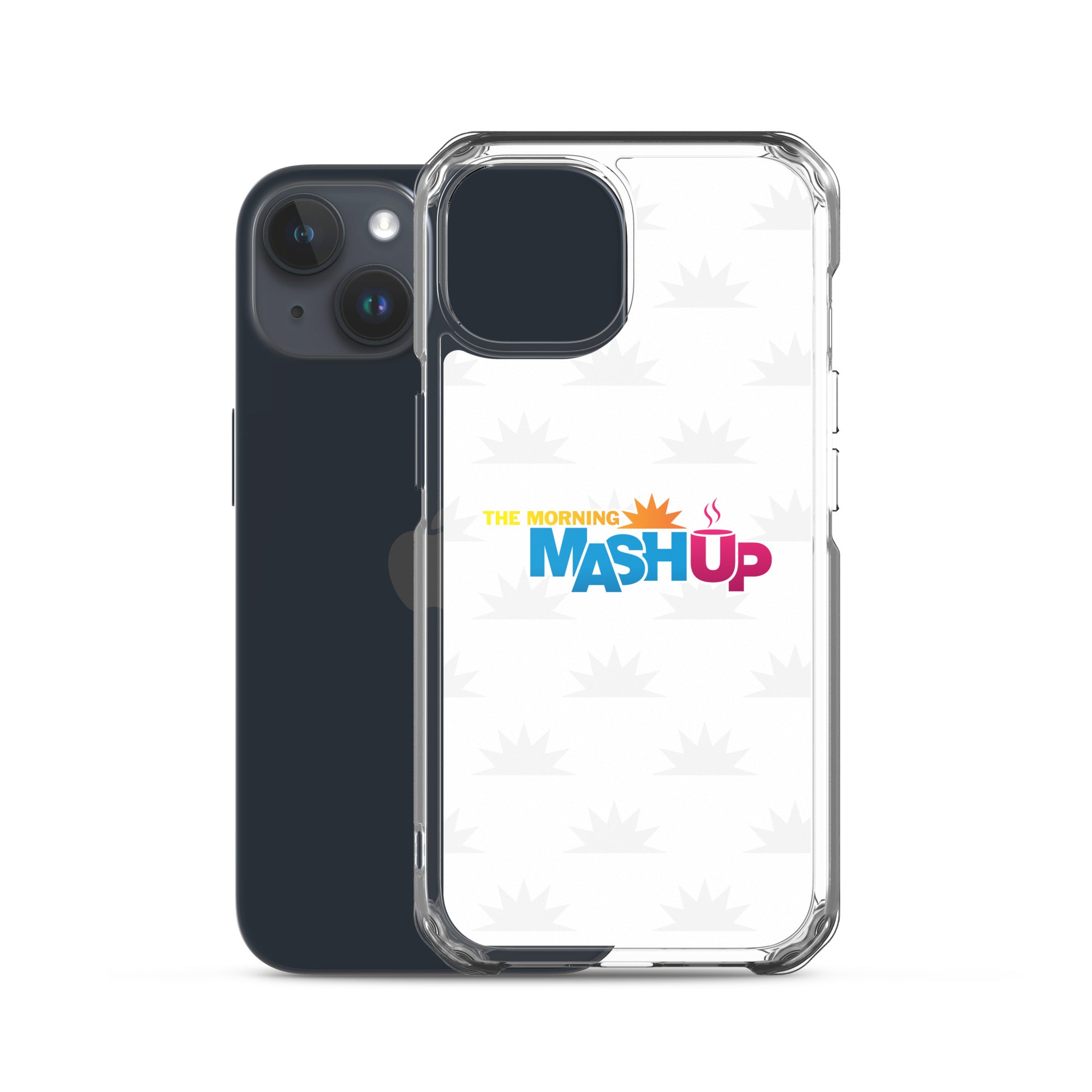 Image of a phone case featuring the words 'THE MORNING MASH UP' in yellow, blue, and pink text on a white background with a subtle sunburst pattern.
