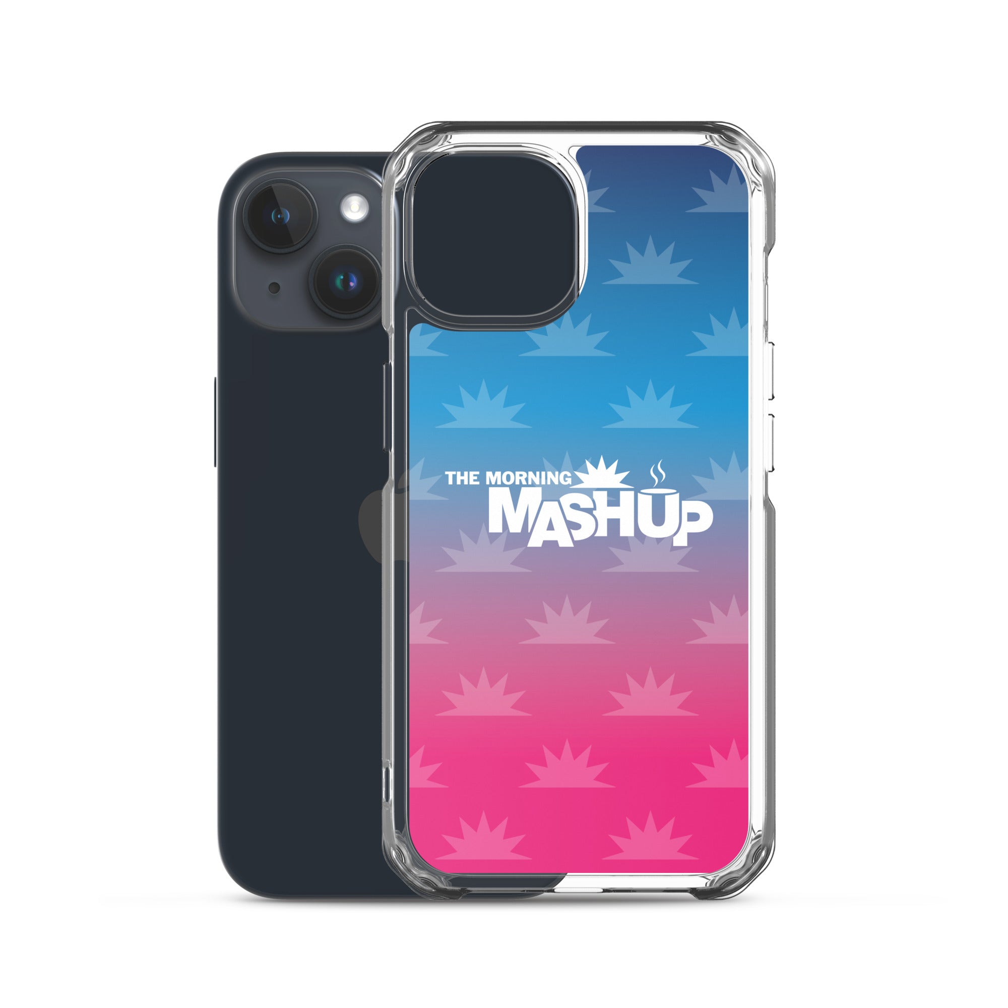 Clear phone case with a gradient background transitioning from blue to pink, featuring the text 'THE MORNING MASHUP' in bold white letters and starburst patterns in lighter shades.