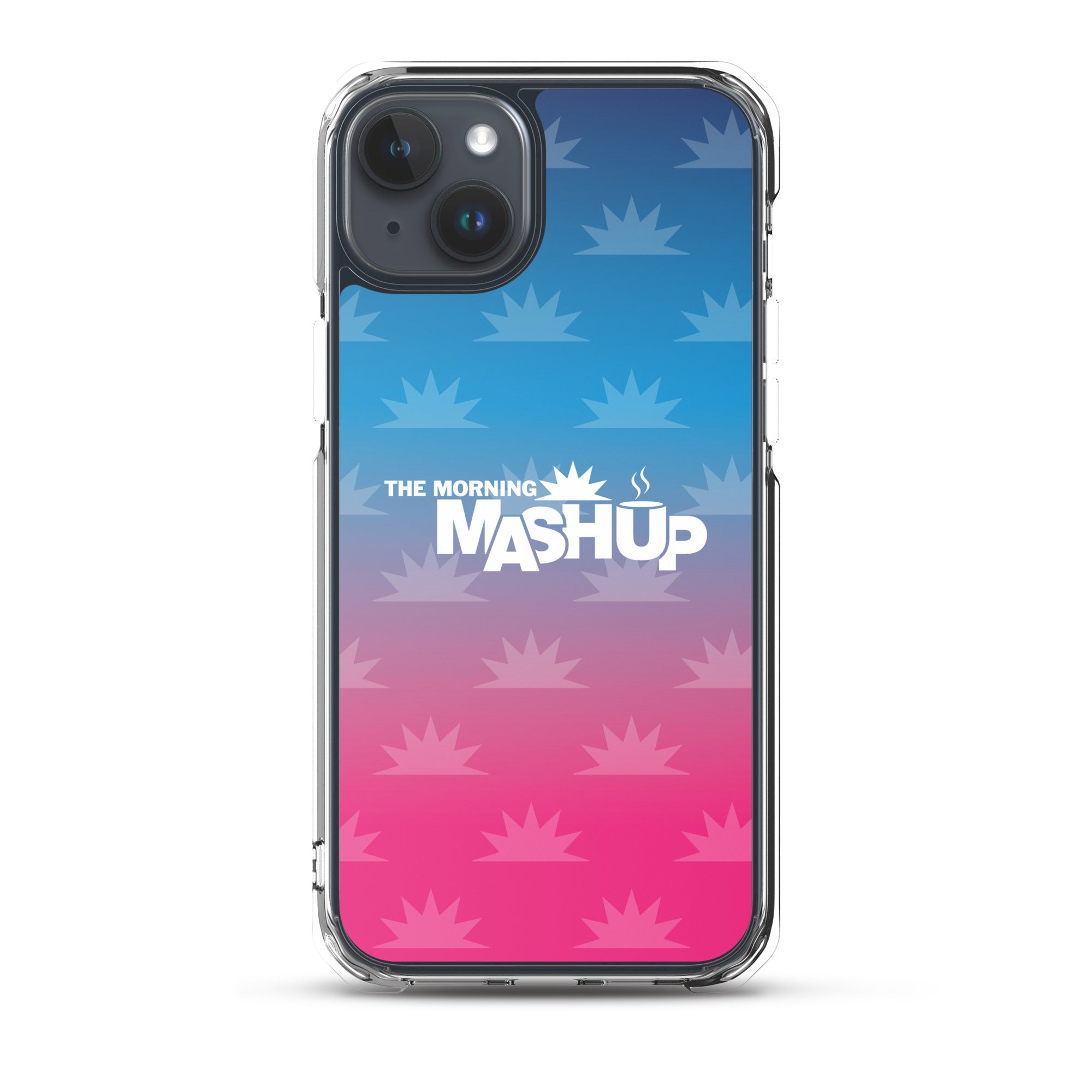 Clear phone case with a gradient background transitioning from blue to pink, featuring the text 'THE MORNING MASHUP' in bold white letters and starburst patterns in lighter shades.