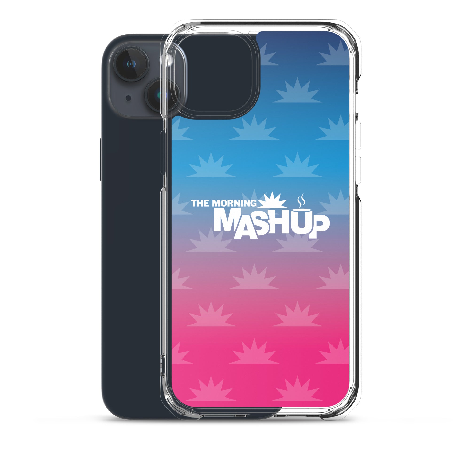 Clear phone case with a gradient background transitioning from blue to pink, featuring the text 'THE MORNING MASHUP' in bold white letters and starburst patterns in lighter shades.