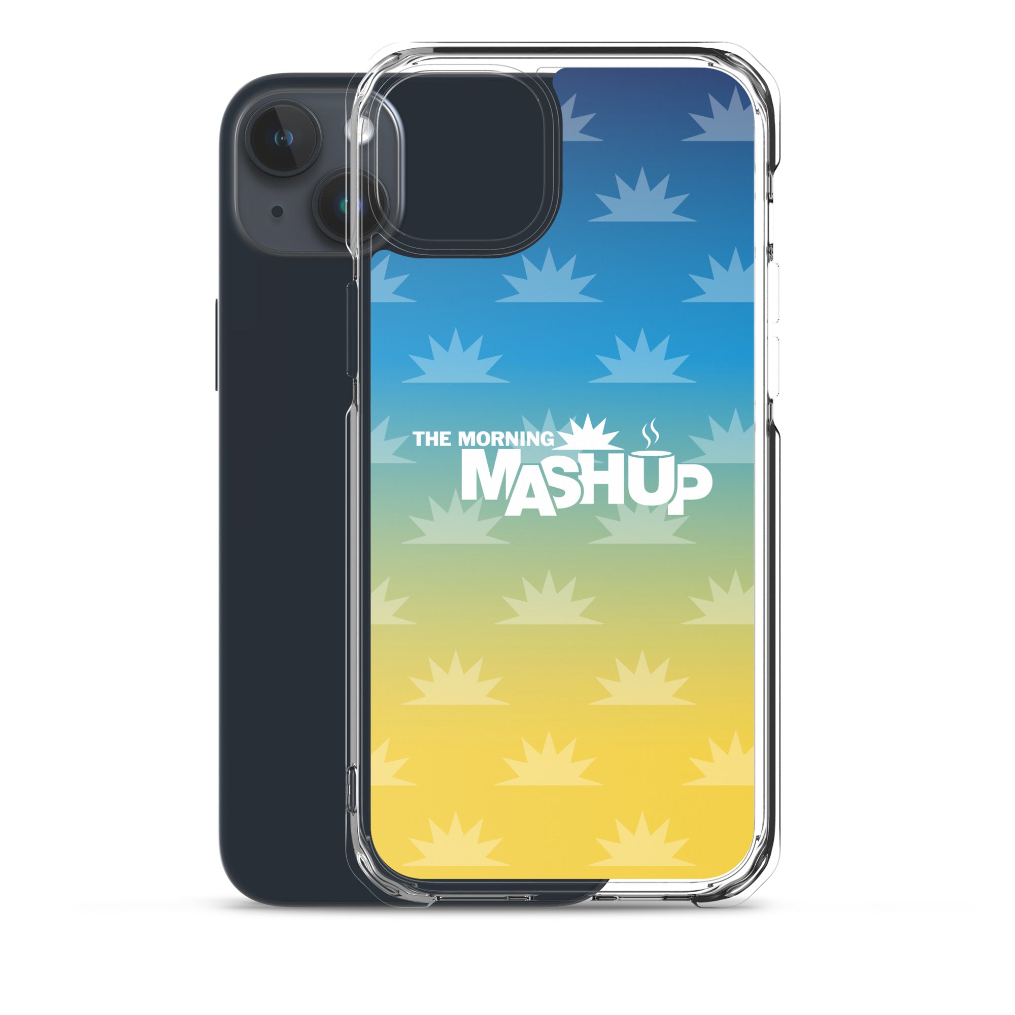 Phone case design featuring a gradient background with blue and yellow hues and repeated starburst patterns, with the text 'THE MORNING MASHUP' prominently displayed in white.