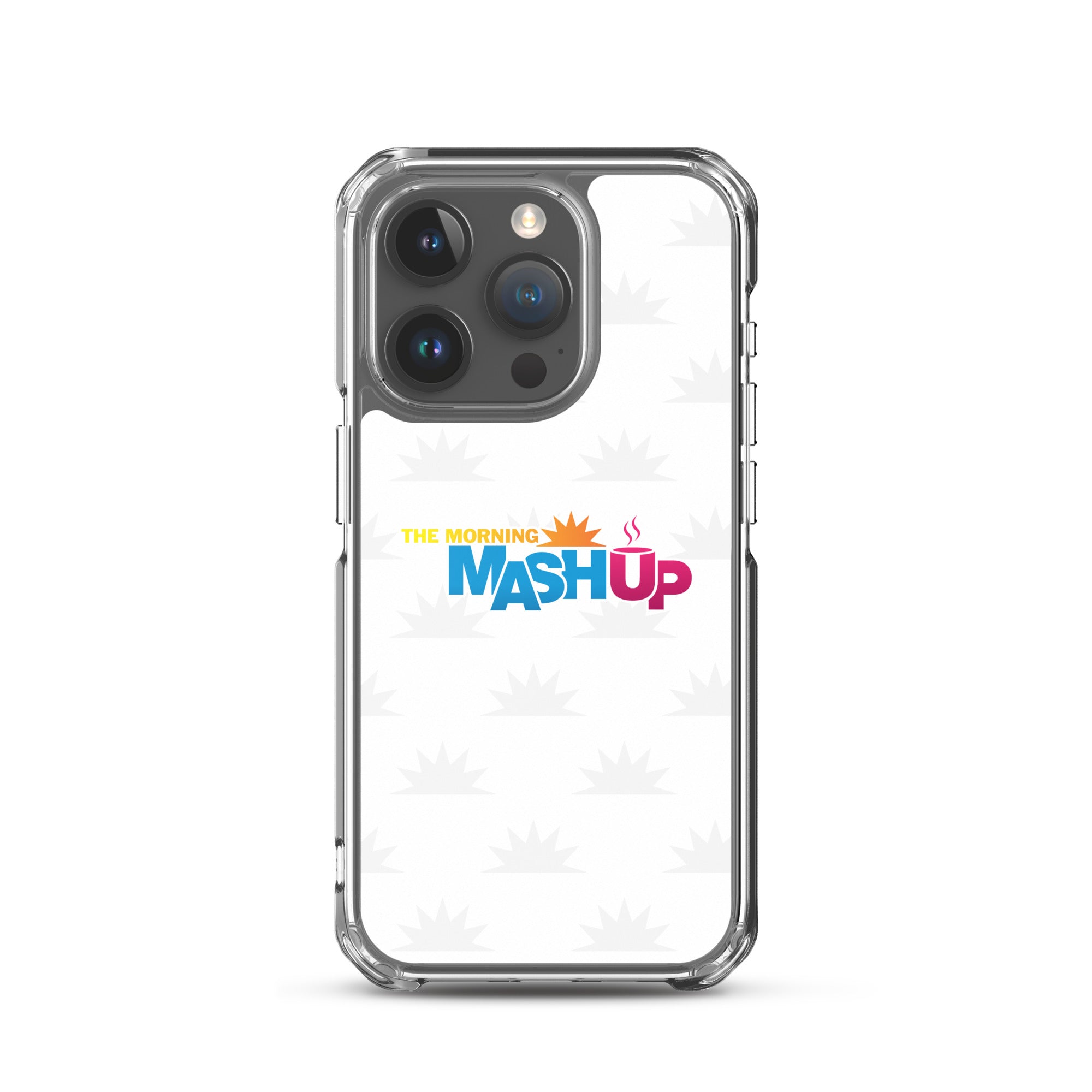 Image of a phone case featuring the words 'THE MORNING MASH UP' in yellow, blue, and pink text on a white background with a subtle sunburst pattern.