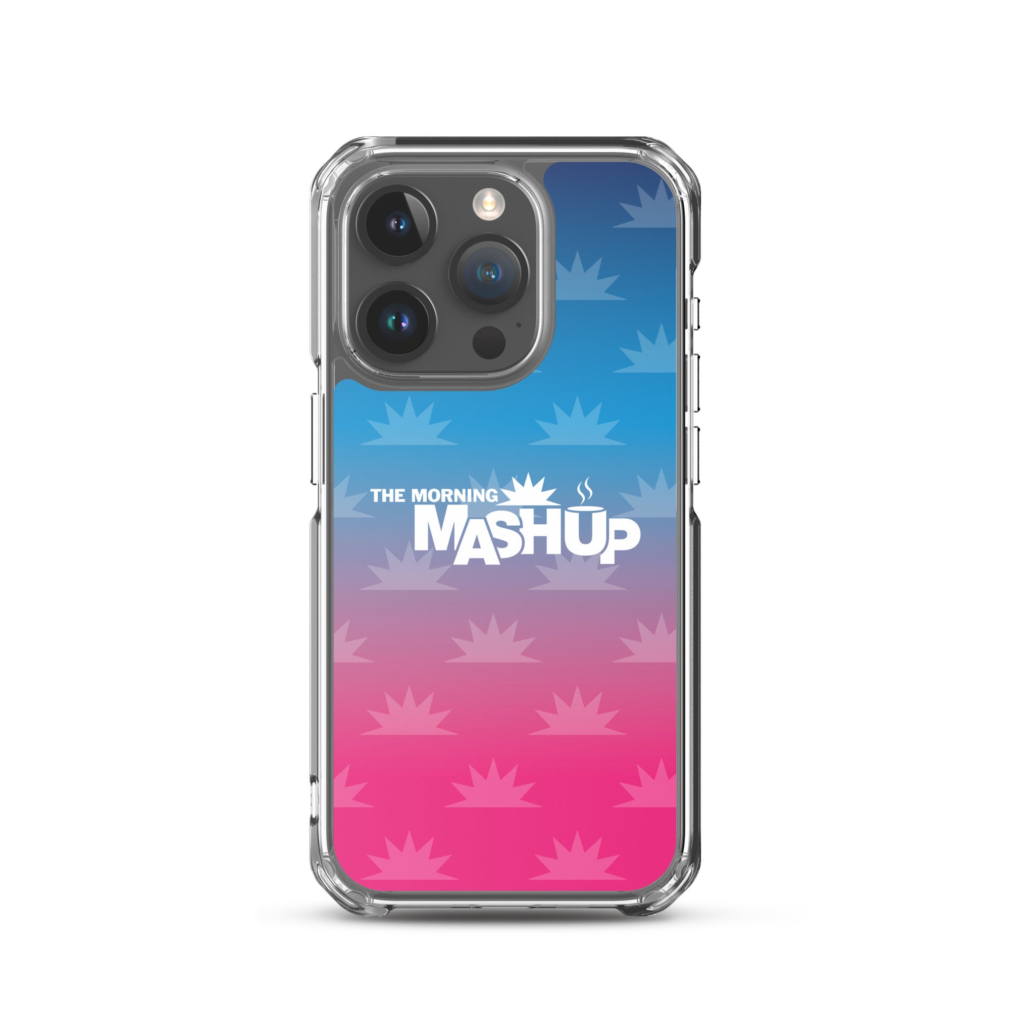 Clear phone case with a gradient background transitioning from blue to pink, featuring the text 'THE MORNING MASHUP' in bold white letters and starburst patterns in lighter shades.