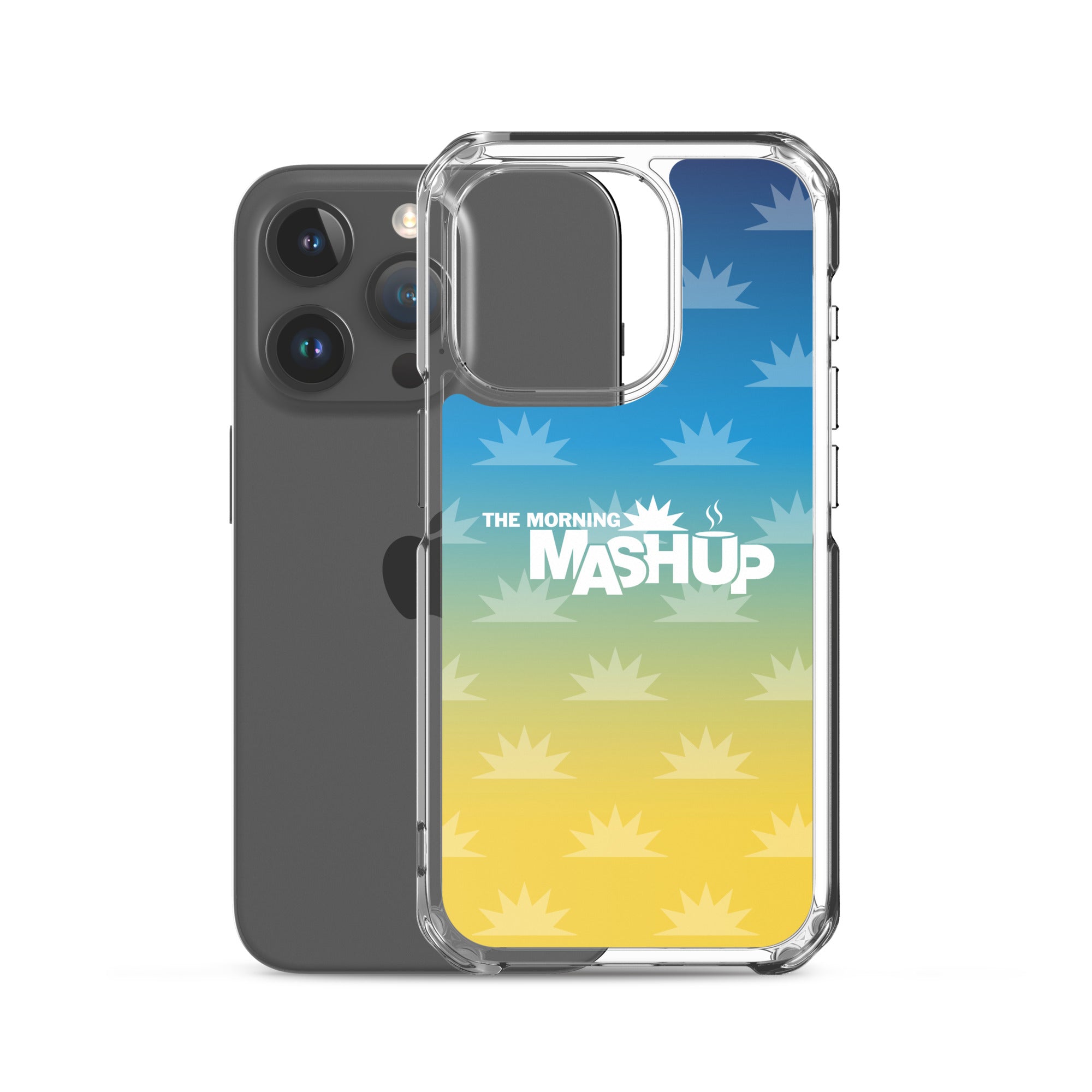 Phone case design featuring a gradient background with blue and yellow hues and repeated starburst patterns, with the text 'THE MORNING MASHUP' prominently displayed in white.