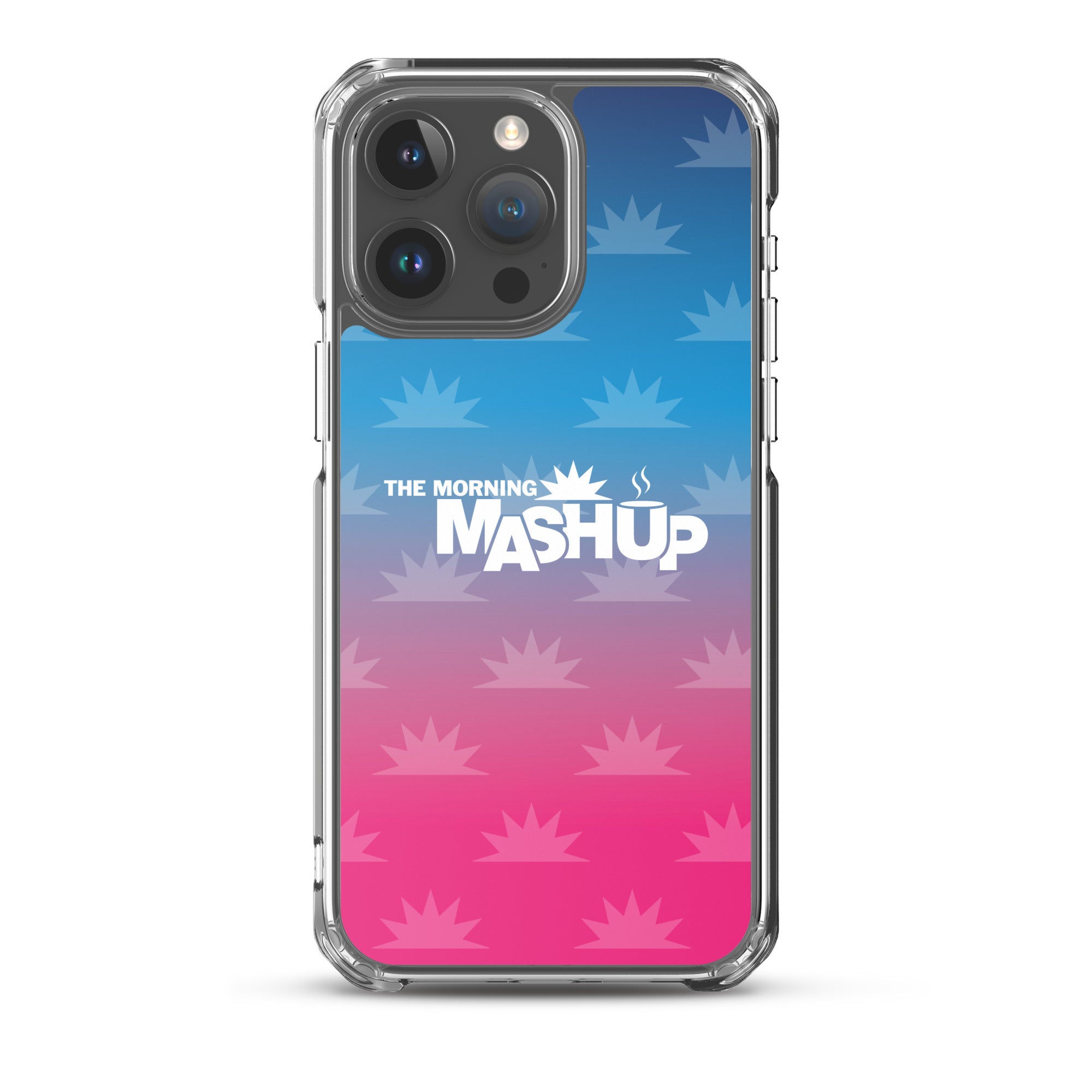 Clear phone case with a gradient background transitioning from blue to pink, featuring the text 'THE MORNING MASHUP' in bold white letters and starburst patterns in lighter shades.