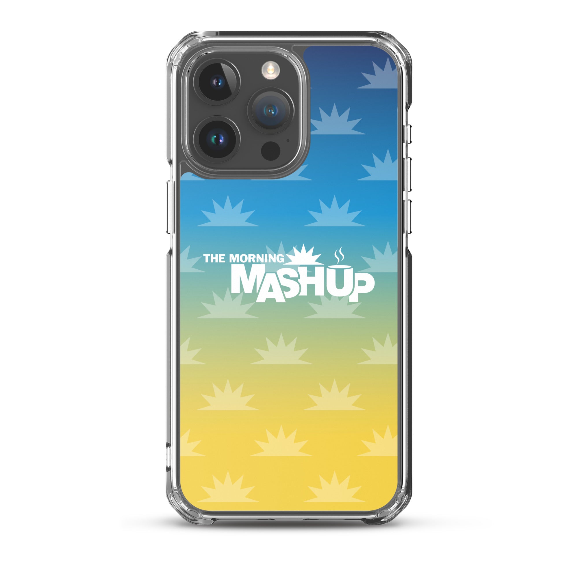 Phone case design featuring a gradient background with blue and yellow hues and repeated starburst patterns, with the text 'THE MORNING MASHUP' prominently displayed in white.