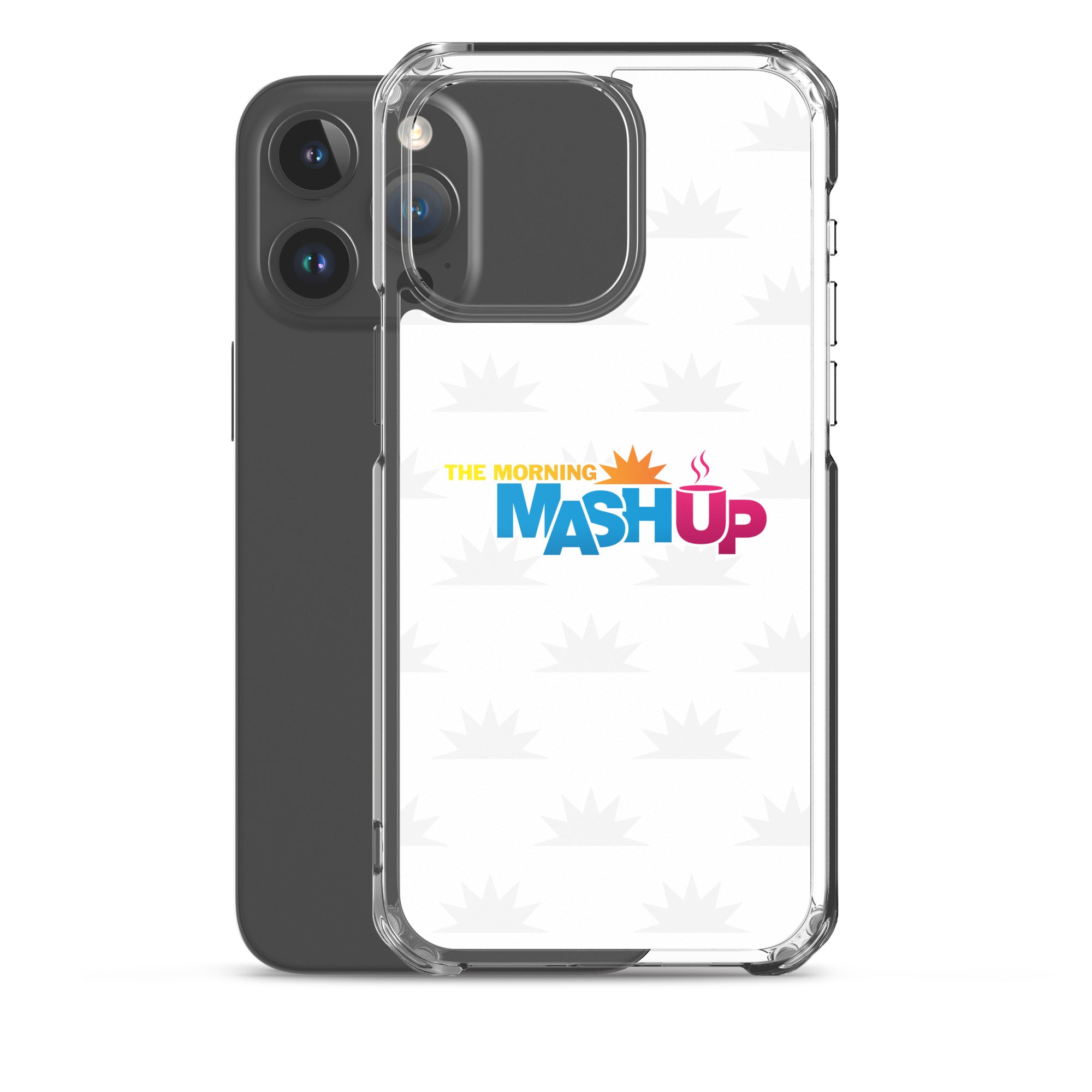 Image of a phone case featuring the words 'THE MORNING MASH UP' in yellow, blue, and pink text on a white background with a subtle sunburst pattern.