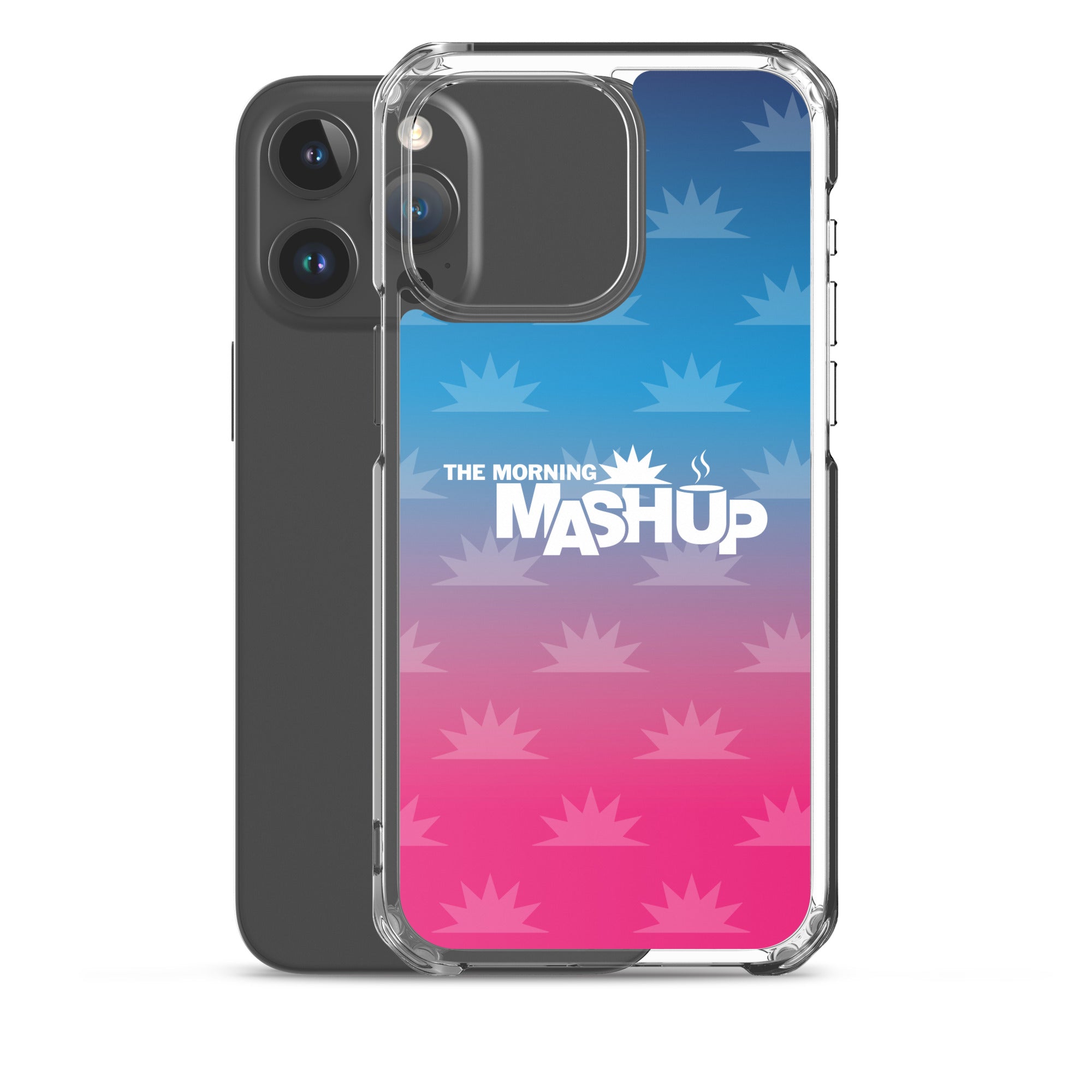 Clear phone case with a gradient background transitioning from blue to pink, featuring the text 'THE MORNING MASHUP' in bold white letters and starburst patterns in lighter shades.