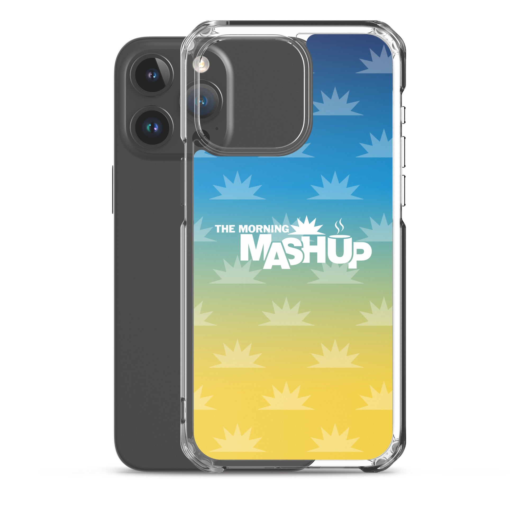A clear phone case featuring a gradient background with blue at the top and yellow at the bottom, and the text 'THE MORNING MASHUP' prominently displayed in white.