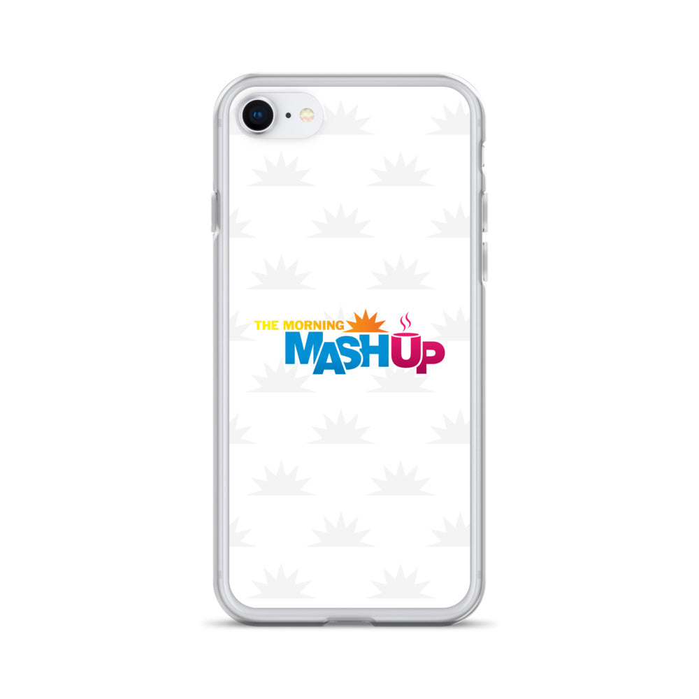 Image of a phone case featuring the words 'THE MORNING MASH UP' in yellow, blue, and pink text on a white background with a subtle sunburst pattern.