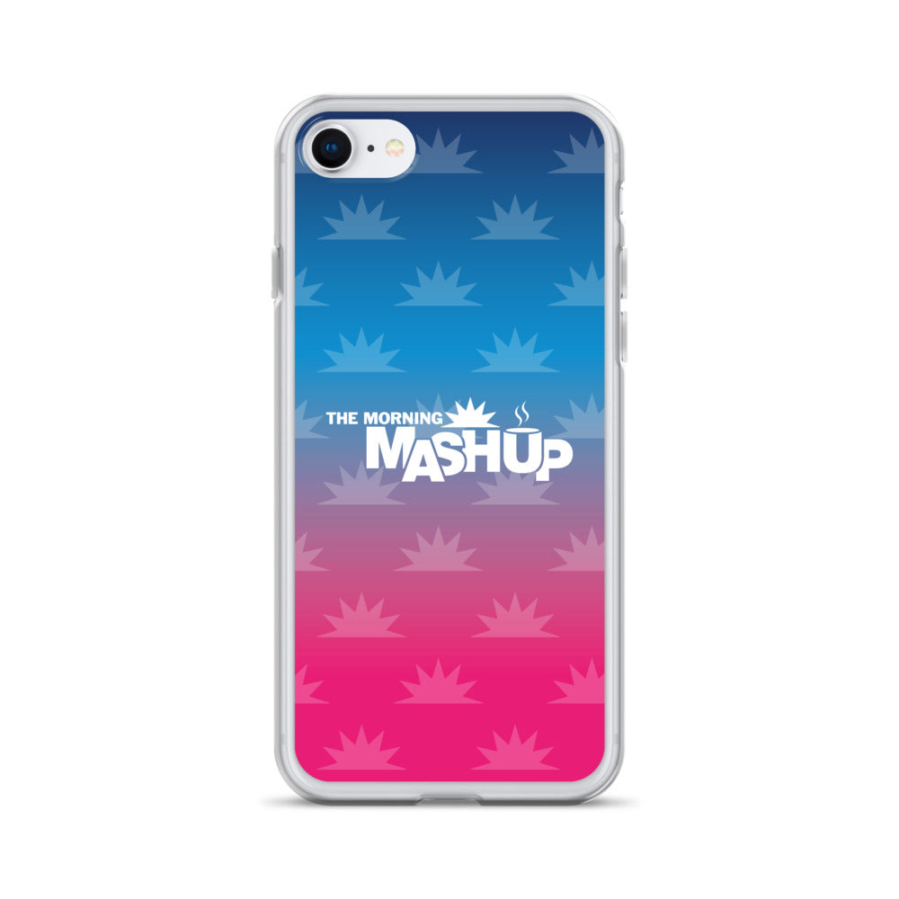 Clear phone case with a gradient background transitioning from blue to pink, featuring the text 'THE MORNING MASHUP' in bold white letters and starburst patterns in lighter shades.