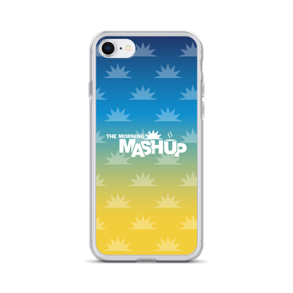 Phone case design featuring a gradient background with blue and yellow hues and repeated starburst patterns, with the text 'THE MORNING MASHUP' prominently displayed in white.