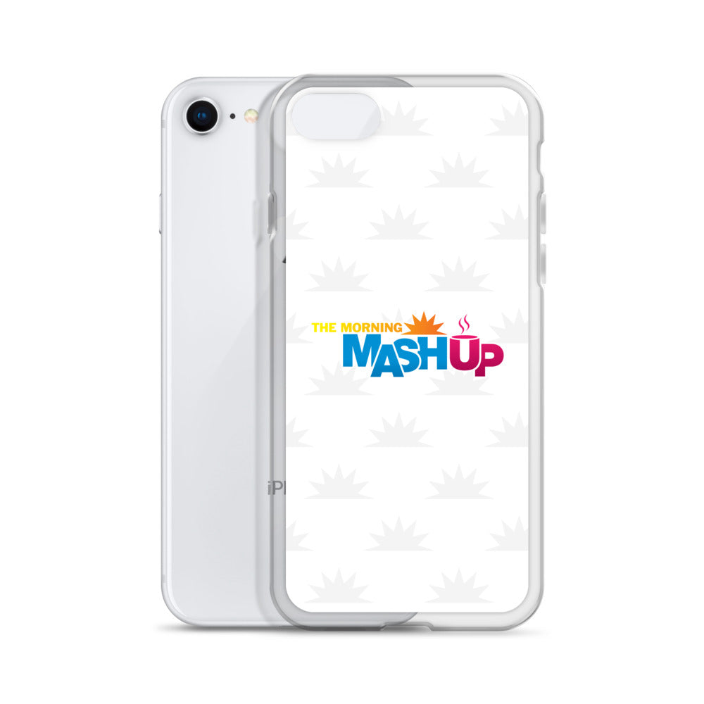 Image of a phone case featuring the words 'THE MORNING MASH UP' in yellow, blue, and pink text on a white background with a subtle sunburst pattern.