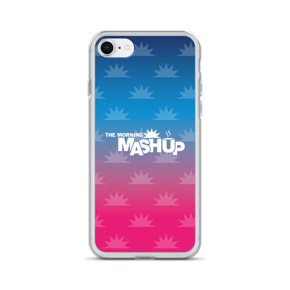 Clear phone case with a gradient background transitioning from blue to pink, featuring the text 'THE MORNING MASHUP' in bold white letters and starburst patterns in lighter shades.