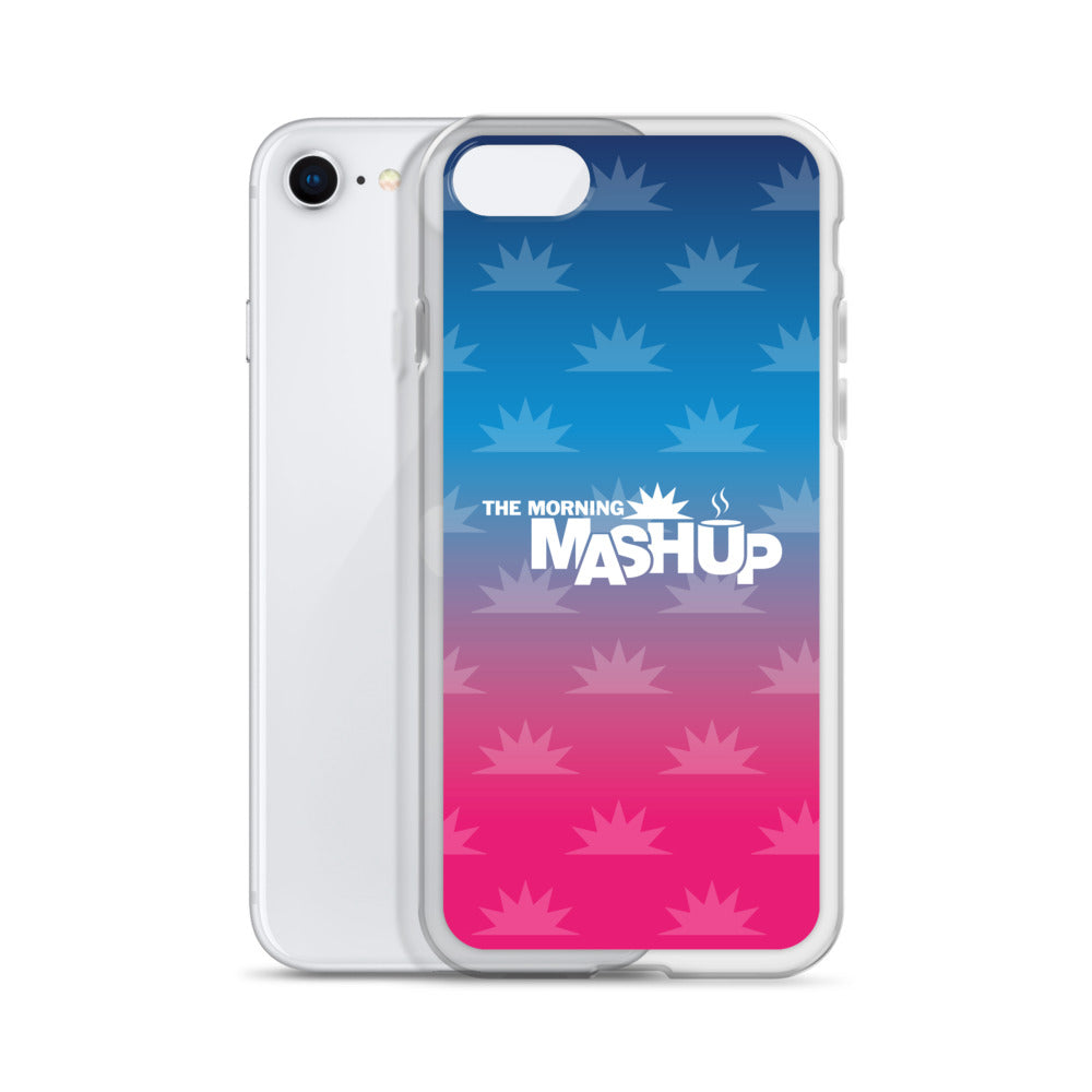 Clear phone case with a gradient background transitioning from blue to pink, featuring the text 'THE MORNING MASHUP' in bold white letters and starburst patterns in lighter shades.
