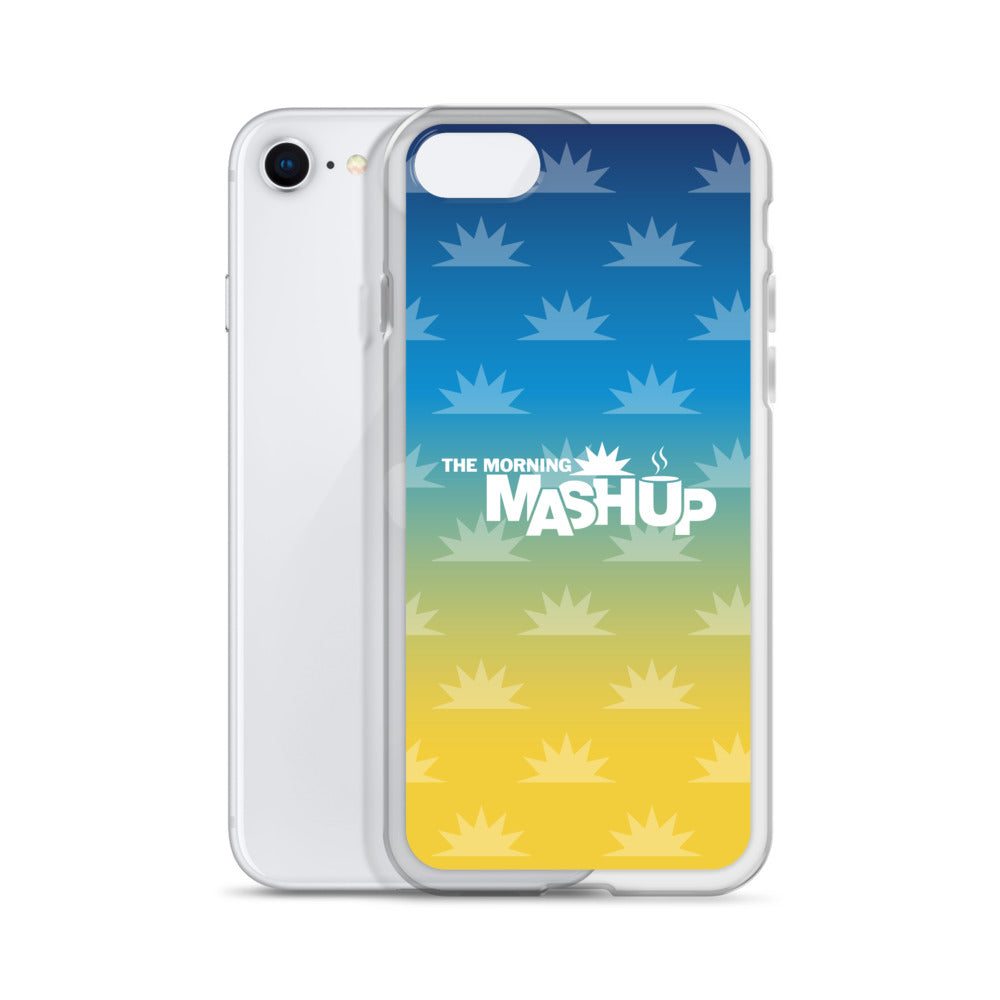 Phone case design featuring a gradient background with blue and yellow hues and repeated starburst patterns, with the text 'THE MORNING MASHUP' prominently displayed in white.