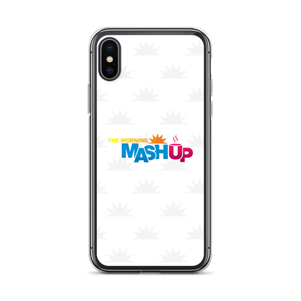 Image of a phone case featuring the words 'THE MORNING MASH UP' in yellow, blue, and pink text on a white background with a subtle sunburst pattern.